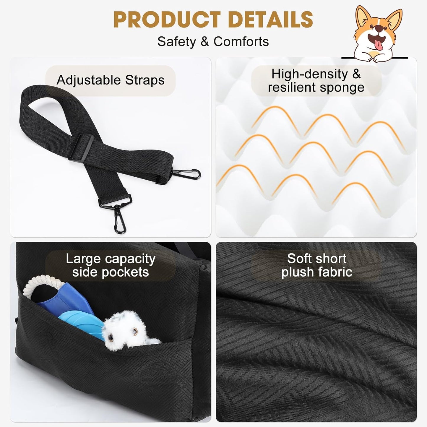 JOEJOY Dog Car Seats for Small Medium Dogs Under 35lbs, Dog Booster Seat with Detachable Washable Cover and Cushion, Memory Foam Pet Car Seat with Safety Belt and Storage Pockets (Black)