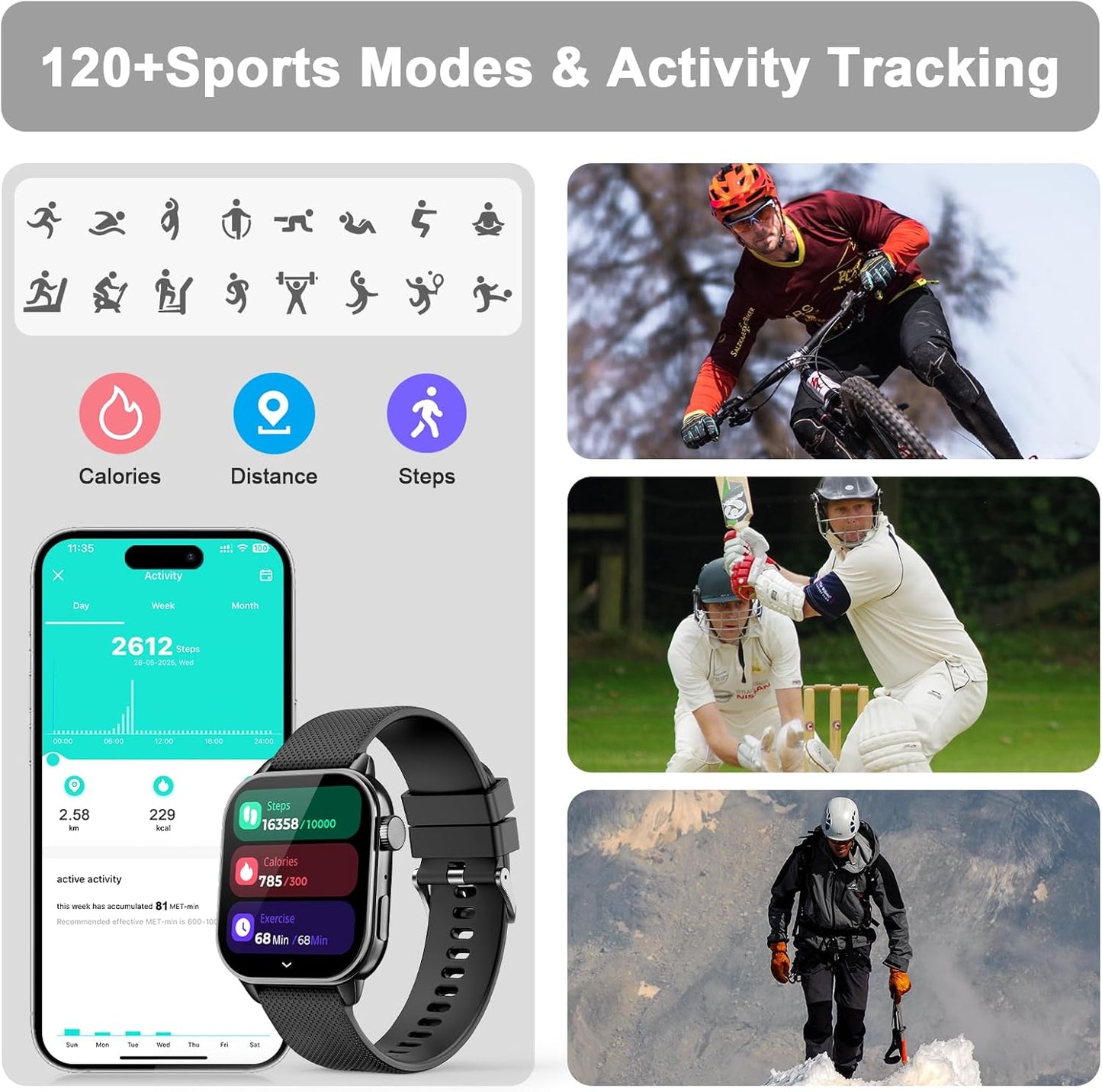 Smart Watch for Men Women, 1.85'' AMOLED HD Fitness Watch with 120+ Sports Modes, Bluetooth Call/Heart Rate/Sleep Monitor/Pedometer, Smartwatch for Android iOS, IP68 Waterproof, Light Black