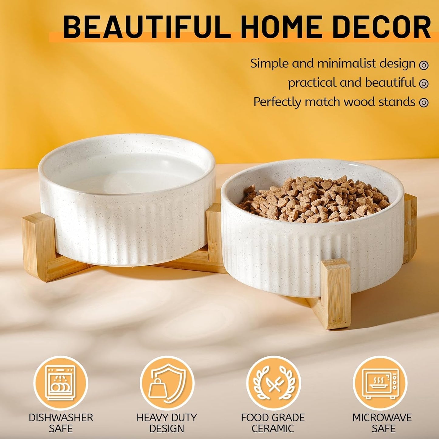 Non-Slip Ceramic Dog Bowls with Wooden Stand,8" Dog Food and Water Bowl Set with Silicone Base, 64 OZ/8 Cups Weighted Flip-Proof Pet Feeding Bowl for Small Dogs and Cats (Large,White)