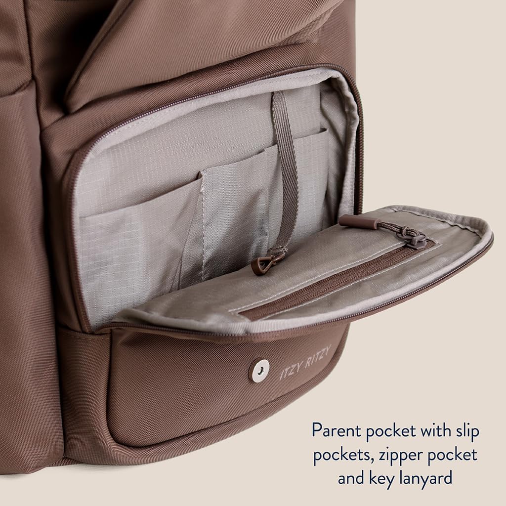 Itzy Ritzy Belong Bucket Backpack – Lightweight Diaper Bag Backpack Featuring 16 Pockets, Bucket Top Opening, Stroller Straps & Changing Pad – Organized and Stylish Everyday Family Backpack (Mocha)