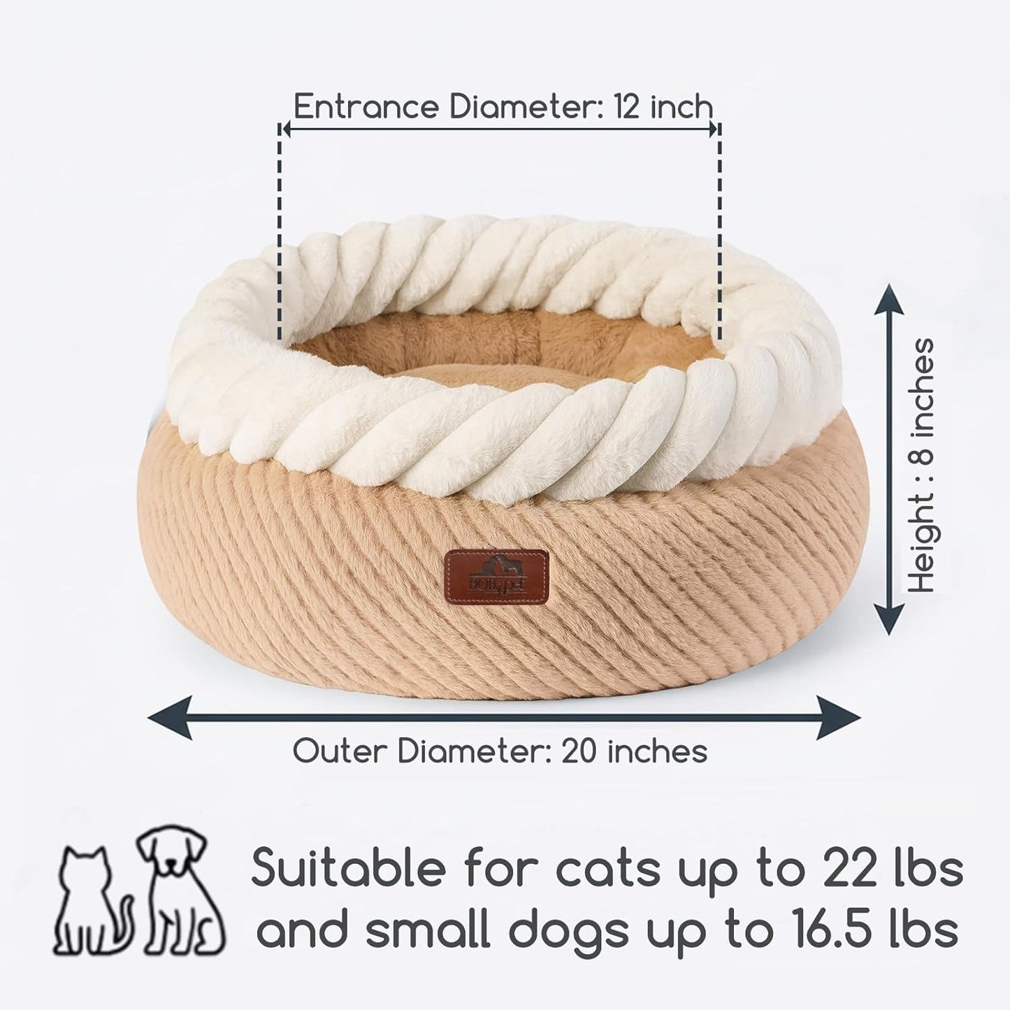 Hollypet Cat Bed for Indoor Cats Kitty Beds, Round Washable Fluffy Small Dog Bed, Soft Cozy Plush Pet Beds for Puppy and Kitten with Non-Slip Bottom (20" Diameter, Oatmeal)