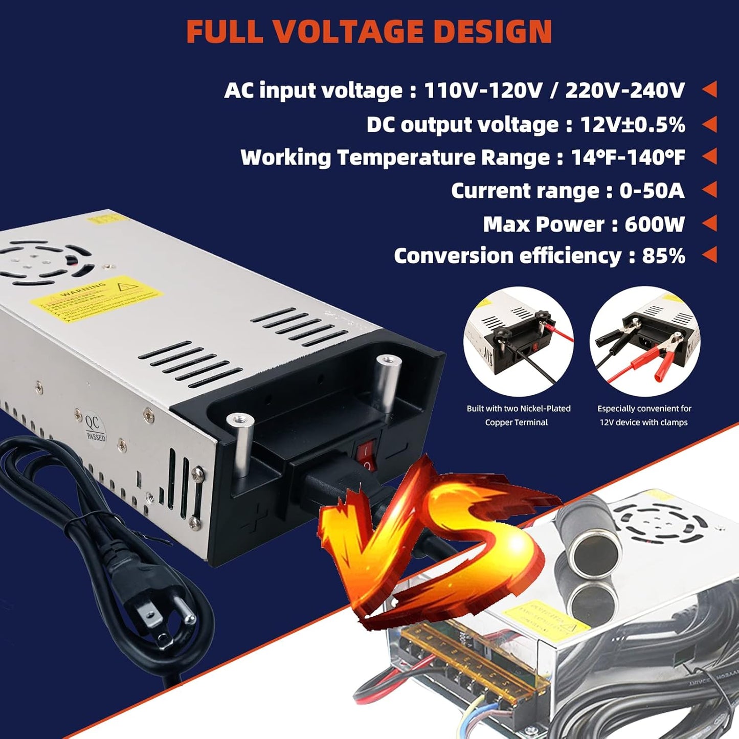 New Version Converter, 110V AC to 12V DC Converter Power Supply 12V 600W 50A DC Switch Transformer for RV,Pump,LED Strip, LCD Monitor