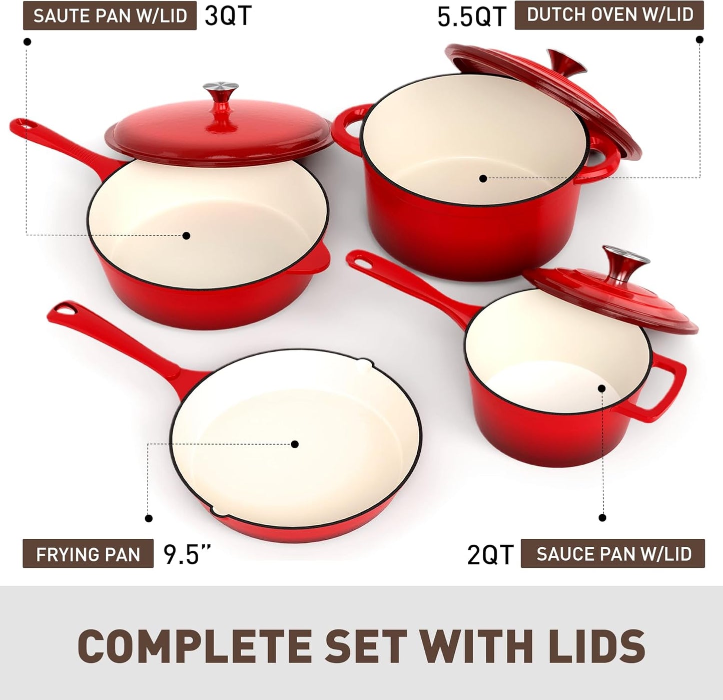 MAISON ARTS 7 Piece Enameled Cast Iron Cookware Set, Heavy Duty Induction Dutch Ovens Pot with Lid, Red Non Toxic Pots and Pans Sets, PFOA-PFOS Free