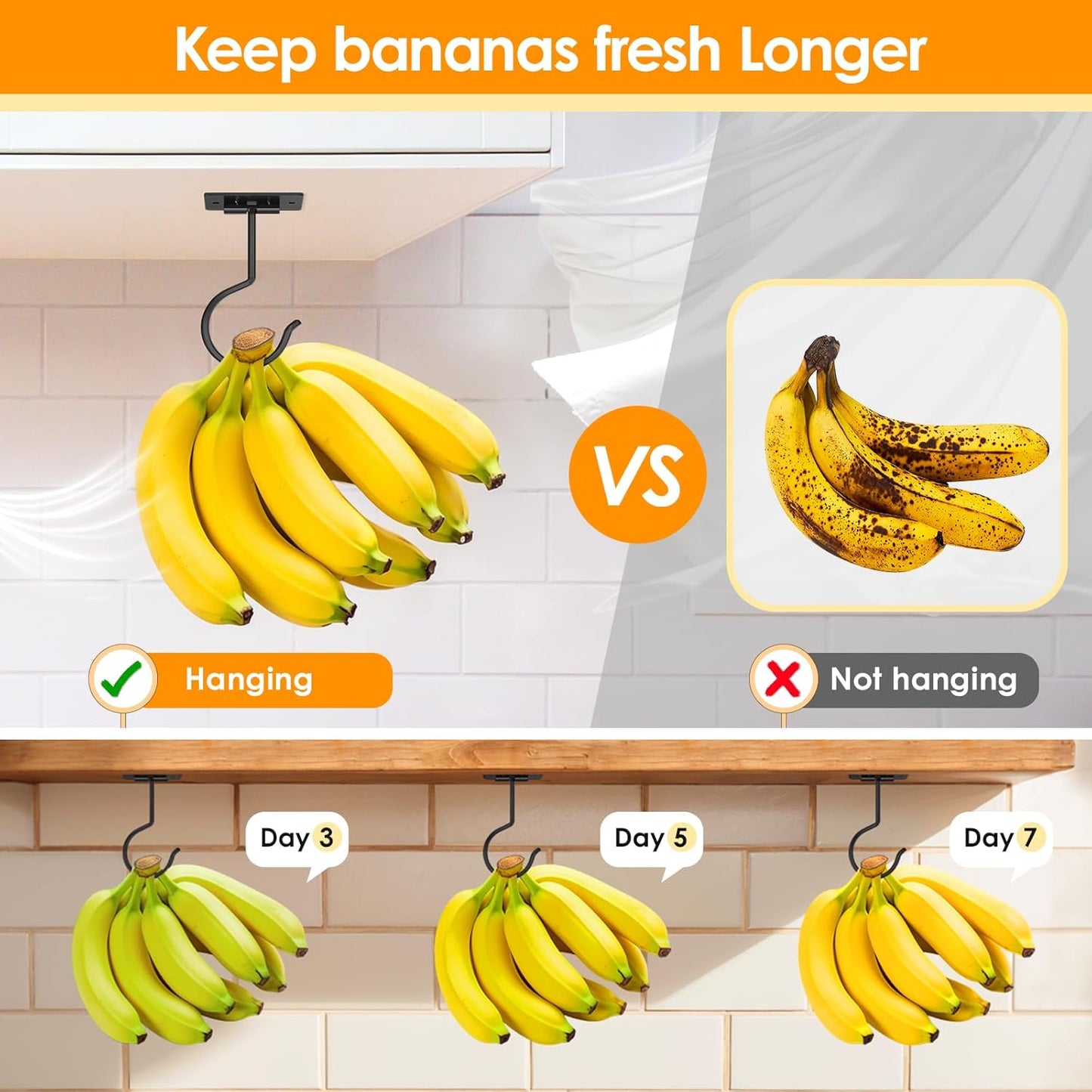 Self Adhesive Banana Hook Under Cabinet Foldable Banana Hanger Black Metal Under Counter Banana Hook to Keep Bananas Fresh Banana Holder for Kitchen RV Space Saving