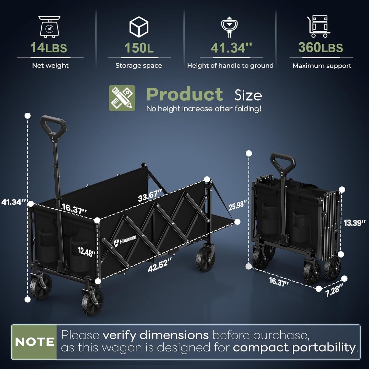 43'' Extra Long Collapsible Wagon with Extended Tailgate, 360LBS Heavy Duty Wagons Carts Foldable, Portable Folding Outdoor Utility Cart for Grocery, Shopping, Garden, Camping, Black