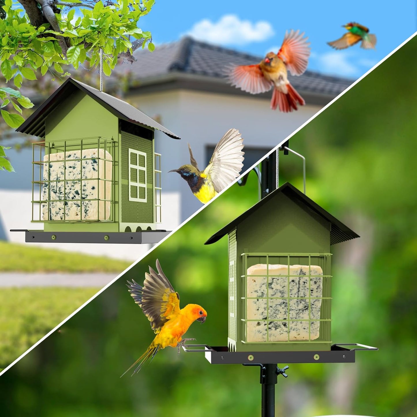 Bird Feeders for Outdoors Hanging, Metal Bird Feeder with Double Suet Cage Cake, Large Capacity, Birdfeeders Sturdy & Weatherproof, Easy to Clean & Refill, Great for Attracting Wild Birds