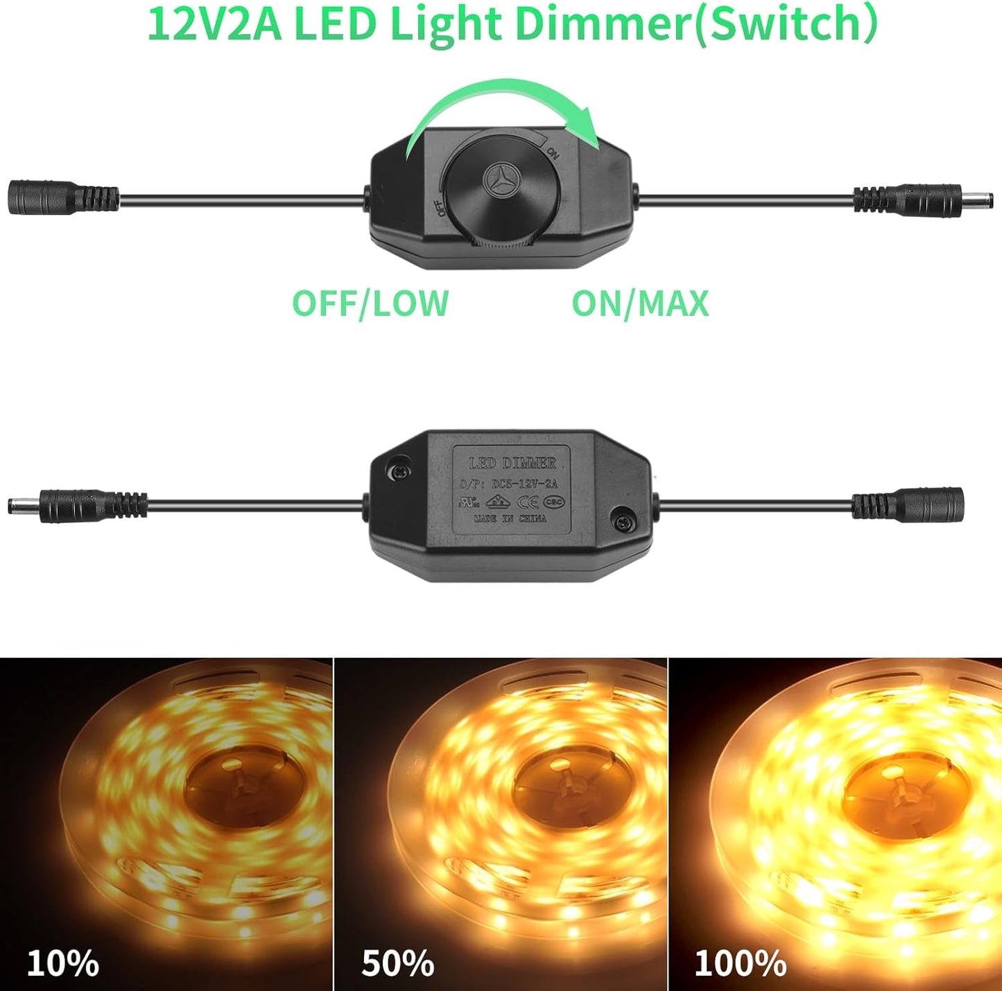 12V 2A Power Supply Class 2 UL Listed with LED Dimmer Switch,24W 100-240V AC/DC 12Volt 2Amp 1.5A 1A Adapter Power Supply with 5.5mm x 2.1 DC Jack Connector for LED Strip Light & Other Device