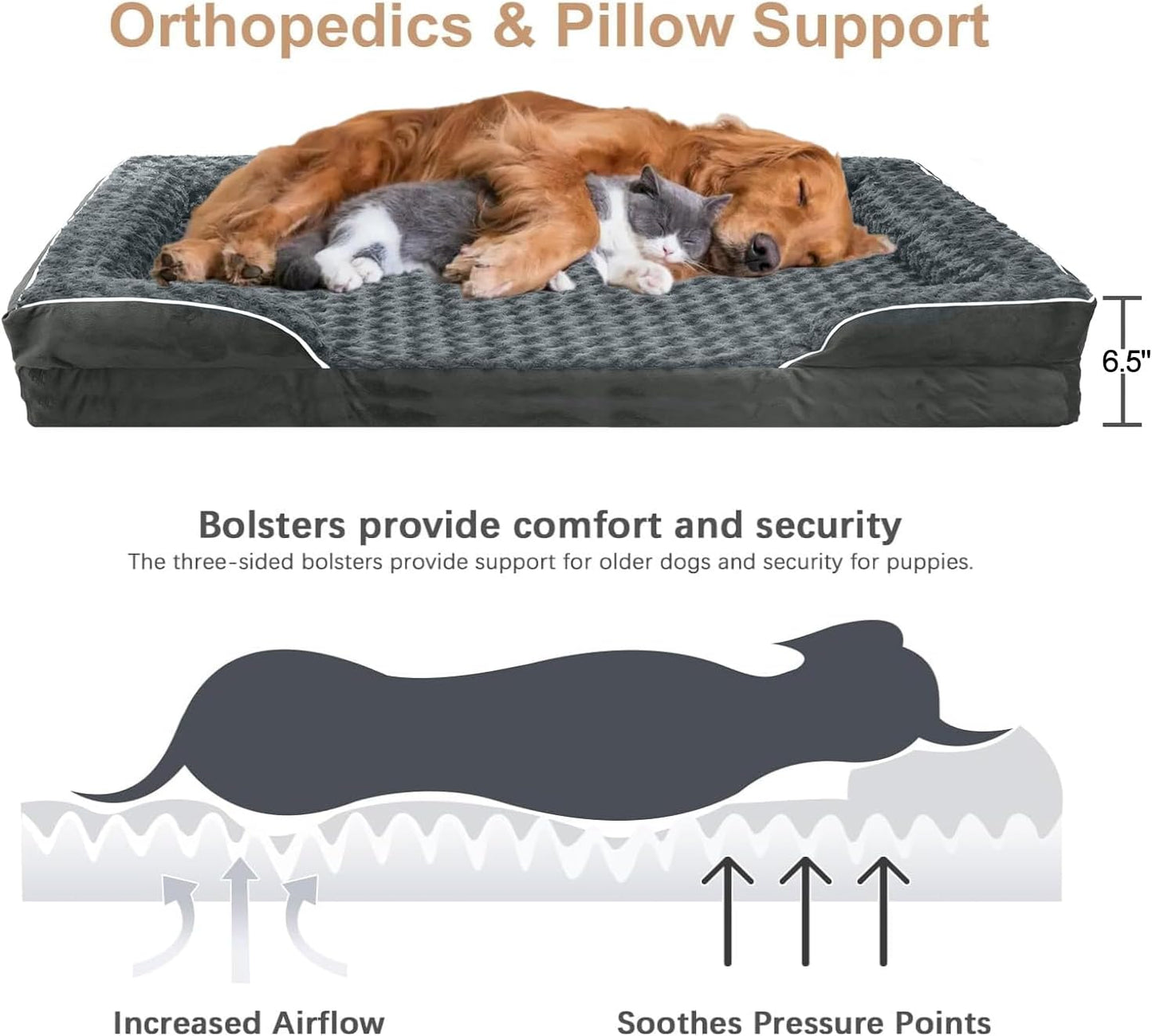 FERPOSH Orthopedic Dog Bed, Pet Sofa Bed with Removable Washable Cover, Waterproof Dog Sofa, Anti Slip Bottom Pet Bed, Pet Sleeping Mat, 42" x 31", Dark Grey