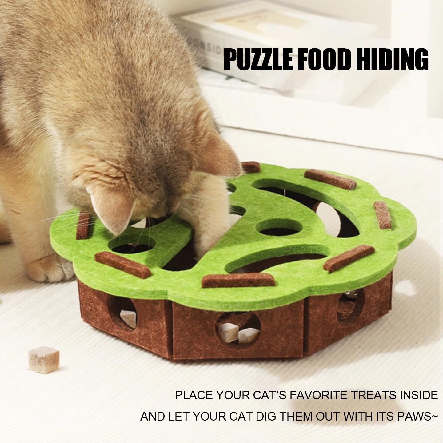 Interactive Cat Toy Box with 3 Jingle Balls – Felt Puzzle Feeder Maze for Cats, Educational Slow Feeder Toy, Indoor Cat Entertainment, 30cm Round Smart Cat Play Box (Camel White)