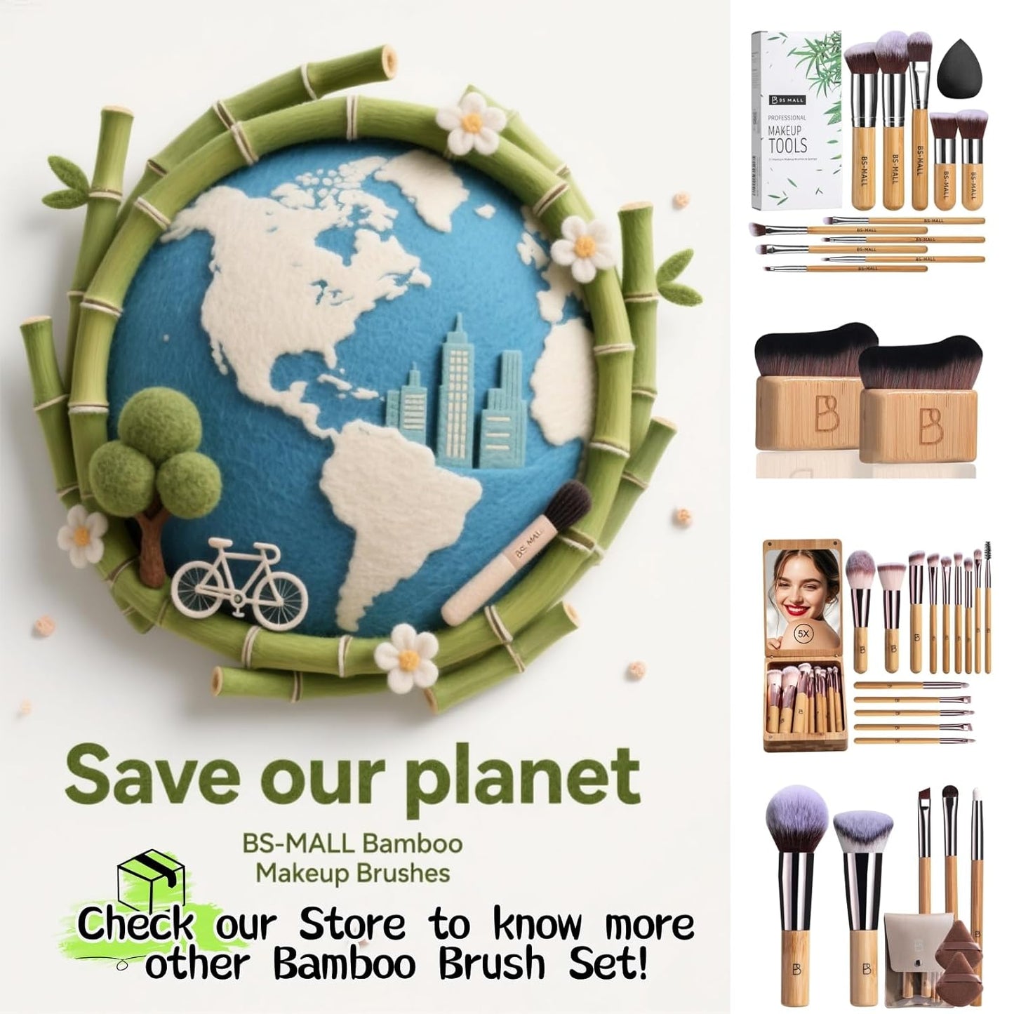 BS-MALL Makeup Brush Set 11Pcs Bamboo Synthetic Kabuki Brush Set Foundation Powder Blending Concealer Eye shadows Blush Cosmetics Brushes with Travel Organizer Bag & Makeup Sponge (Bamboo 11)