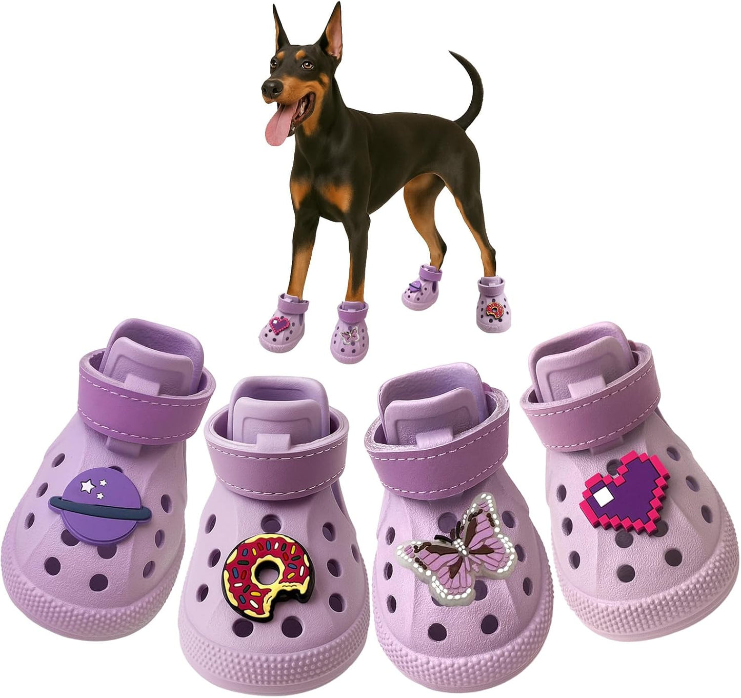 Dog Shoes,Non-Slip Waterproof Sandals for Hot Pavement, Breathable Perforated Boots,Adjustable Straps Dog Rain Booties for Summer Beach and Rainy Day(Purple,#6)