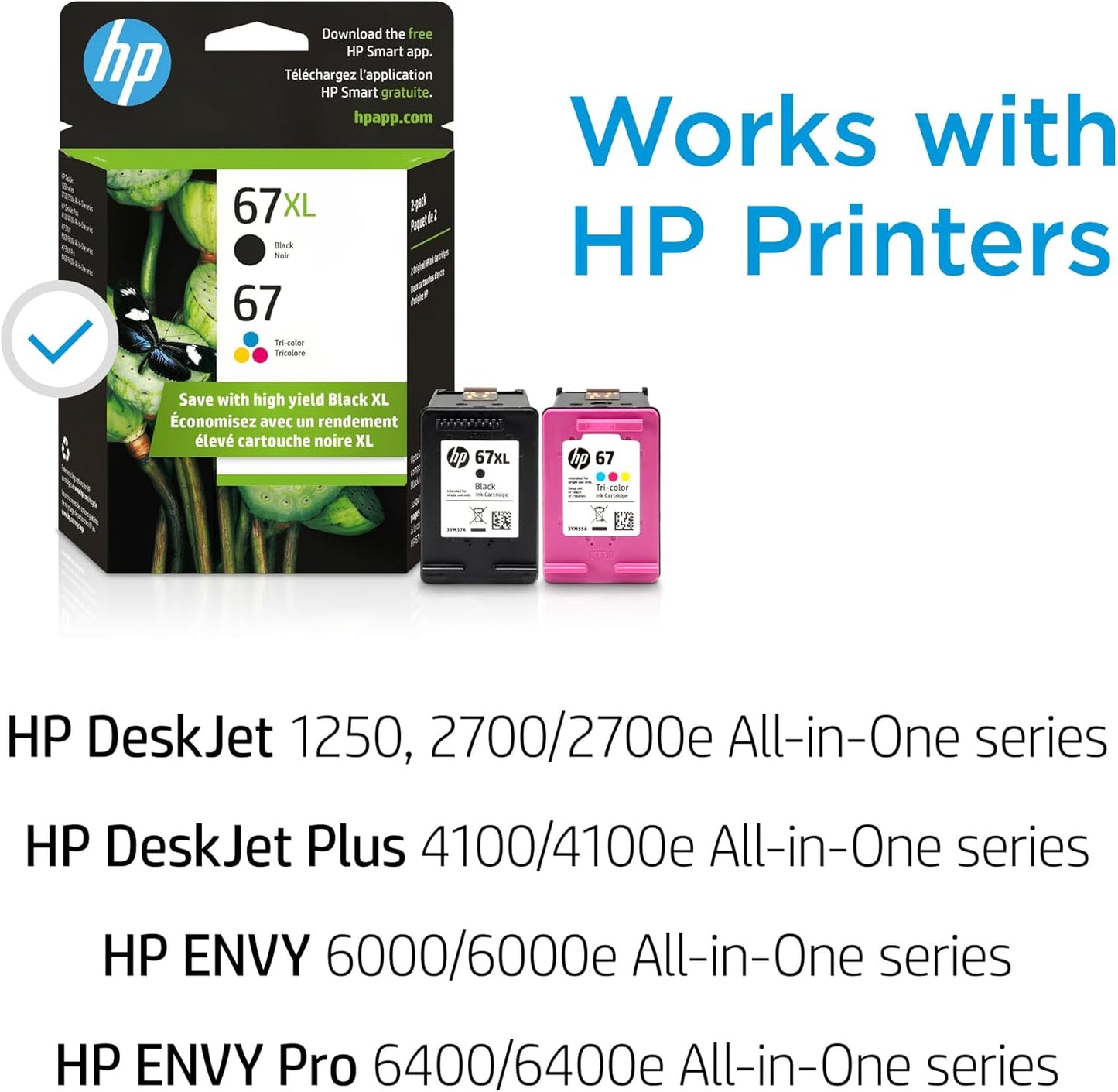 HP Original 67 Tri-Color / 67XL Black Ink Cartridges (2-Pack) | Works DeskJet 1255, 2700, 4100 Series Envy 6000, 6400 Series | Eligible for Instant Ink | 3YP30AN