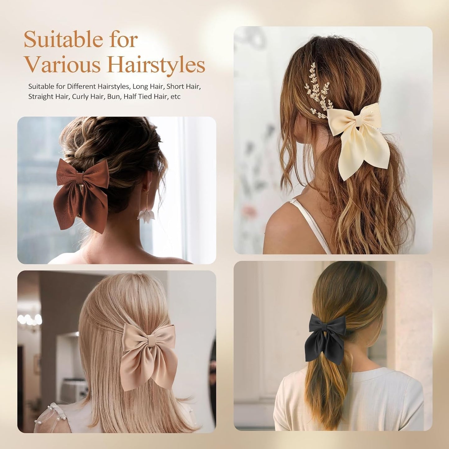 6Pcs Hair Bows for Women, Bow Hair Clips, Silky Satin Hair Bows for Girls, Neutral Colors Hair Ribbon, Cute Bow Clips for Women, Hair Accessories Gifts