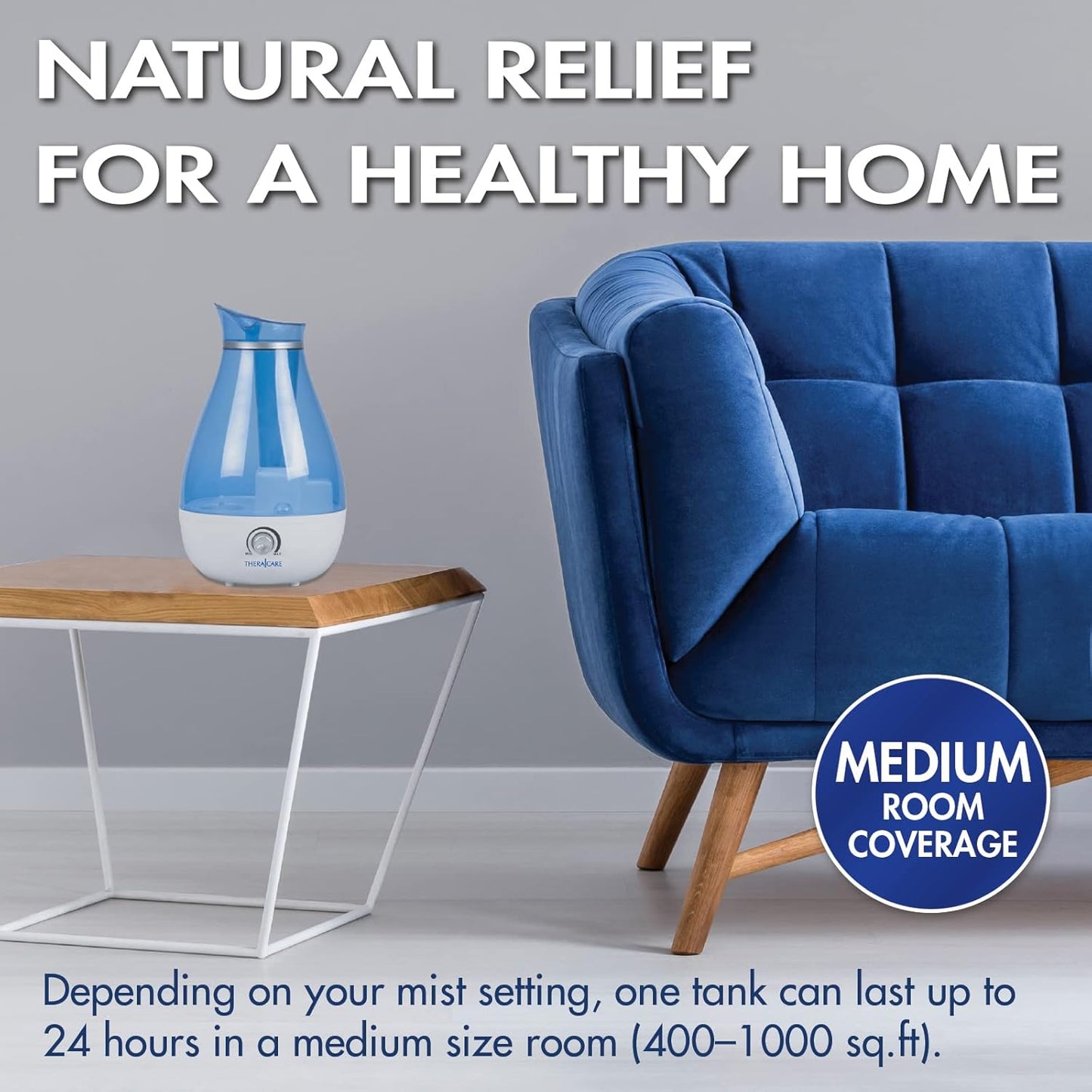 HealthWise Cool Mist Ultrasonic Humidifier | For Medium Size Rooms | No Filter Required | 24 Hour Run Time, Blue, 2.6L
