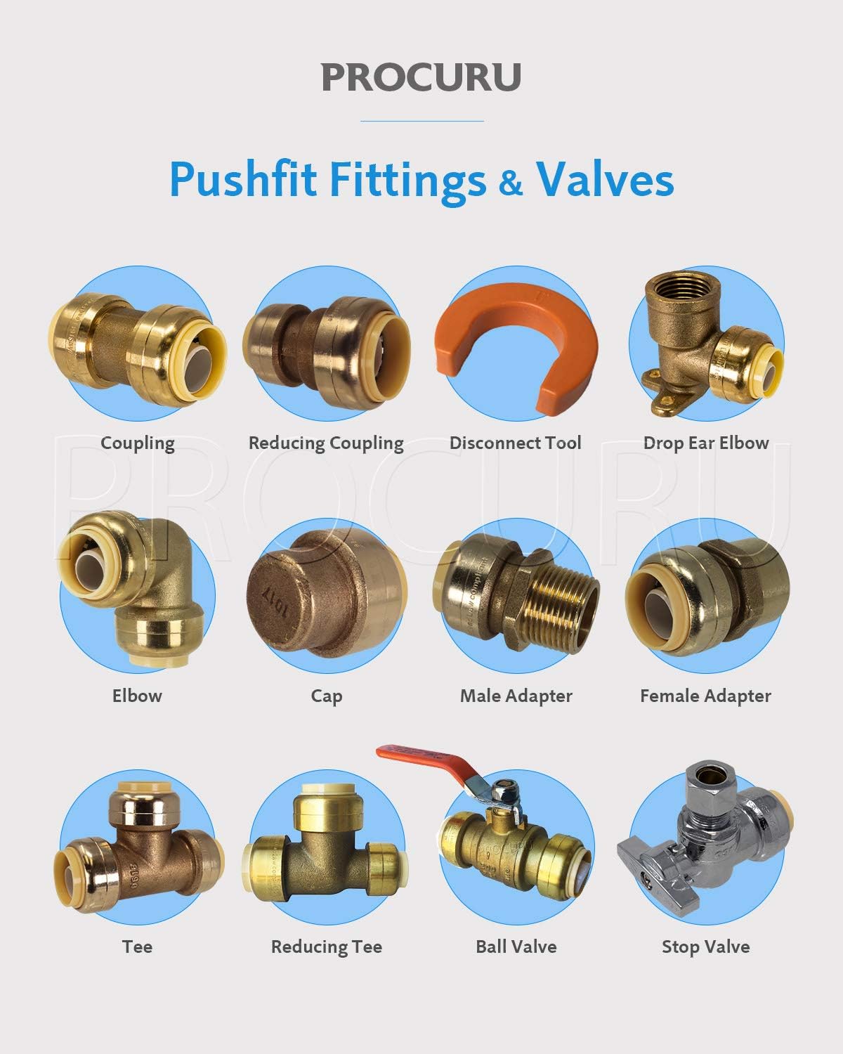 [10-Pack] PROCURU PushFit Angle Stop Valve 1/2" Push x 3/8" OD Comp, Quarter-Turn Push-to-Connect Brass Shutoff Valve for Copper, PEX, CPVC, PE-RT, HDPE Pipes, LF Certified Safe (8X8012-11T)