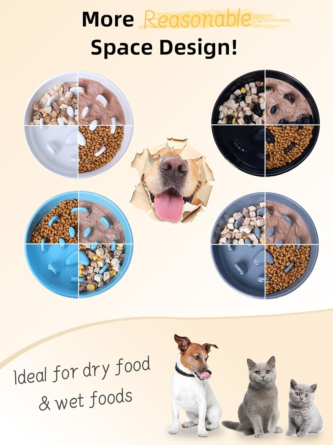 Dog Slow Feeder Bowl with Stand, Round Ceramic Pet Food Bowl for Medium Breed, Fun Raised Dog Bowls to Slow Down Eating (Grey)