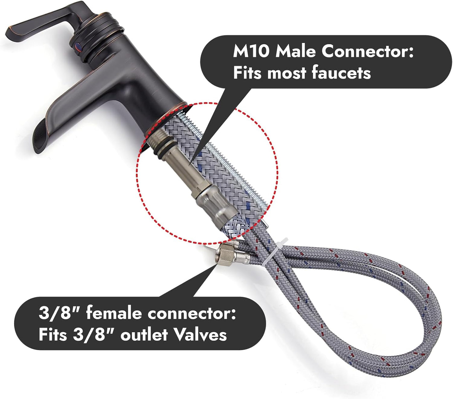 Midanya 32-Inch Long Faucet Water Supply Lines, Braided Stainless Steel Supply Hose 3/8-Inch Female Compression Thread x M10 Male Connector, x 2 Pcs (1 Pair)