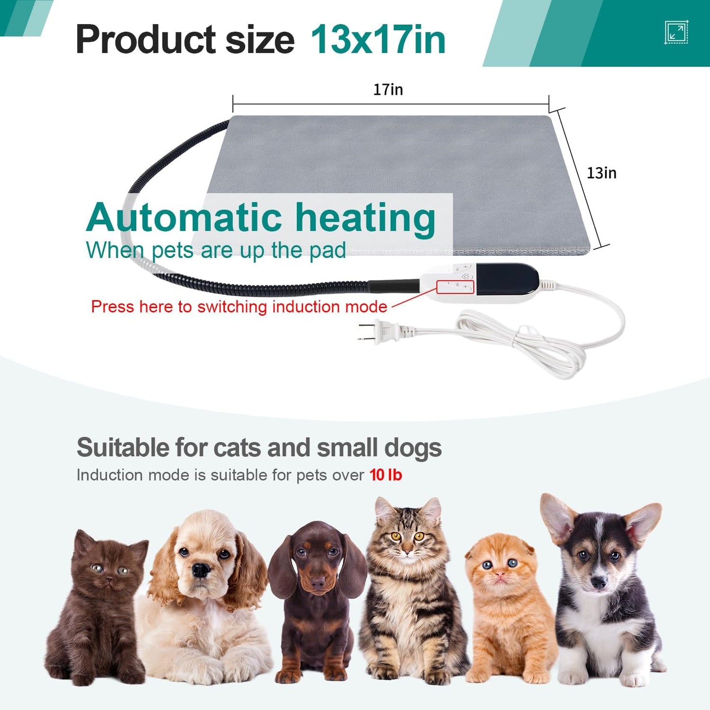 Smart Cat Heating Pad with Pressure Activated – Temperature Adjustable Heated Dog Bed with Timer - 13x17 inches - 30W - Pressure Activated Work for Pets Over 10 lbs (Small) (Small 17x13)