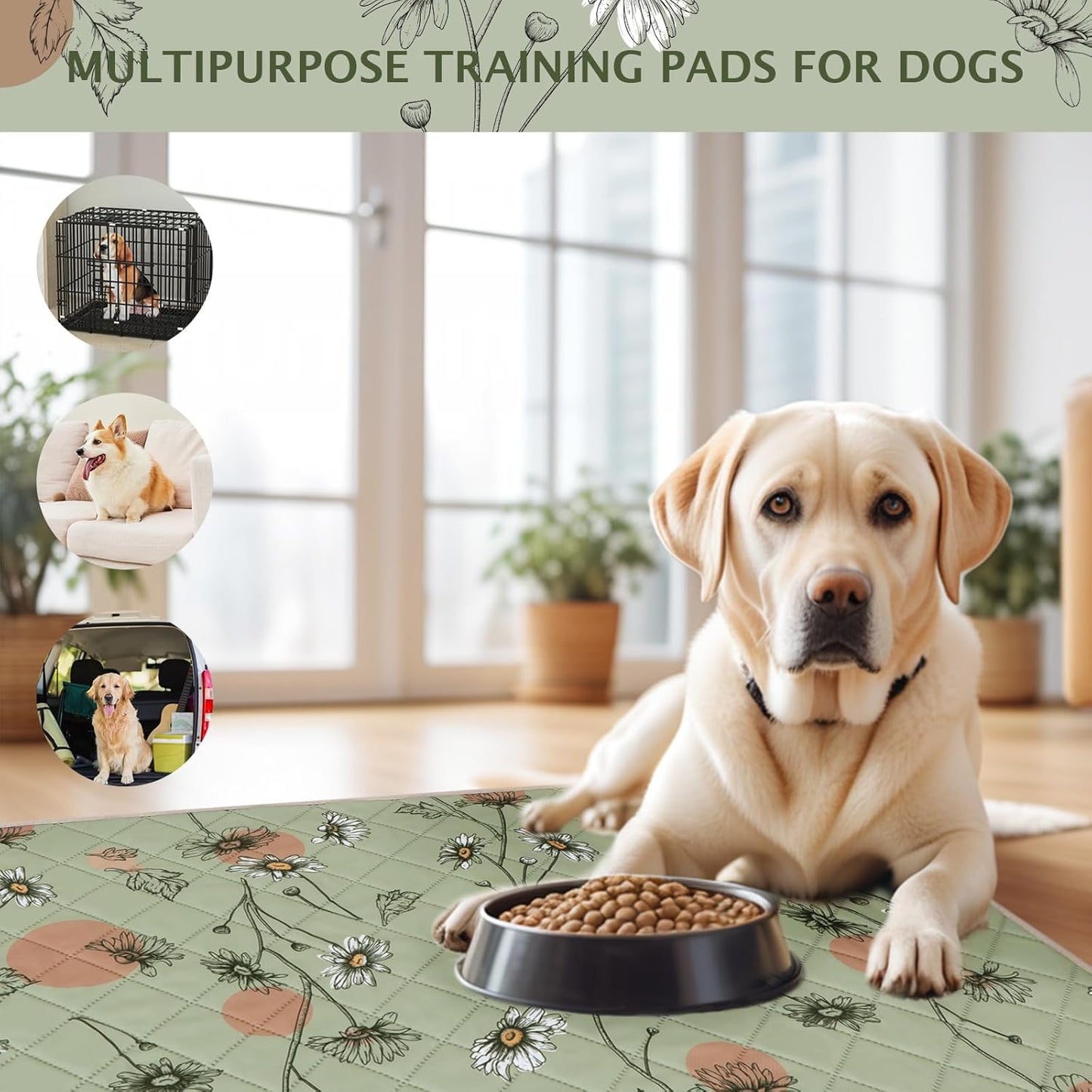 IEUUMLER Washable Pee Pads for Dogs, 2 Pack Non-Slip & Waterproof Pack Whelping Pad, Reusable Washable Puppy Potty Training Pad with Fast Absorbent for Playpen EU007 (Grass Green Daisy, 24"X48"-2pcs)