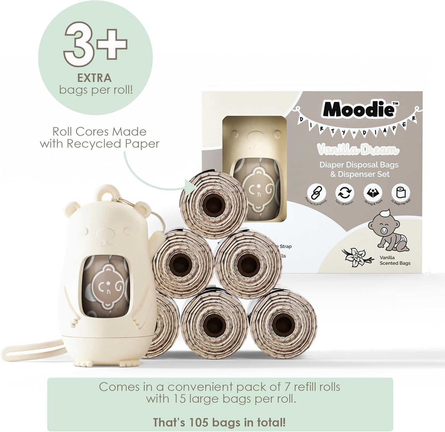 Moodie Disposable Diaper Bags Dispenser COMBO PACK | 105 VANILLA SCENTED Baby Poop Bags TOTAL | Dirty Diaper Trash Bags | Diaper Bags Disposable (VANILLA DREAM)