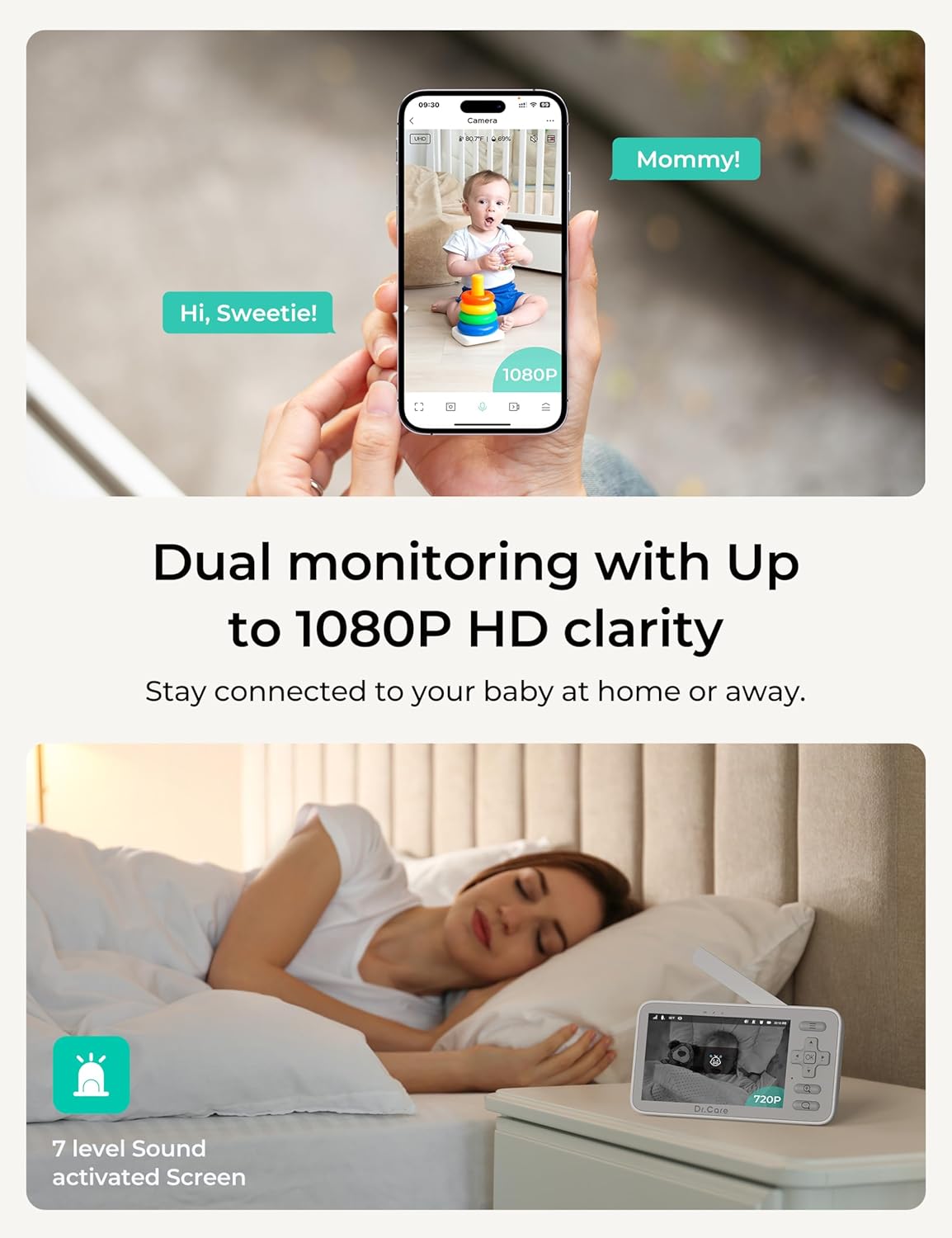 Dr.Care VistaView Lite Smart WiFi Baby Monitor - 4" 720P Split Screen & 1080P Camera App Control, Motion Alerts, HD Night Vision, Triple Security, 2-Way Talk, Video Recording, Multi-User