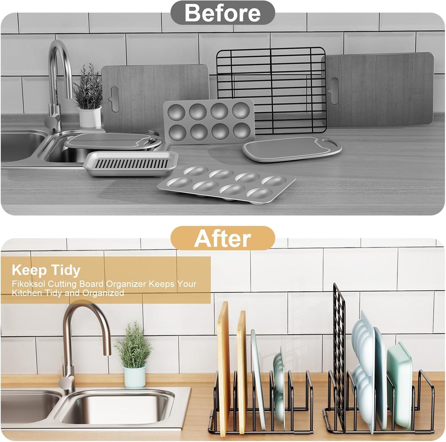 Cutting Board Organizer and Baking Sheet Rack, [2-Pack] Black Heavy Duty Metal Cookie Sheet Organizer for Cutting Board Storage & Plate Holder for Cabinet, Tray Dividers for Cabinets