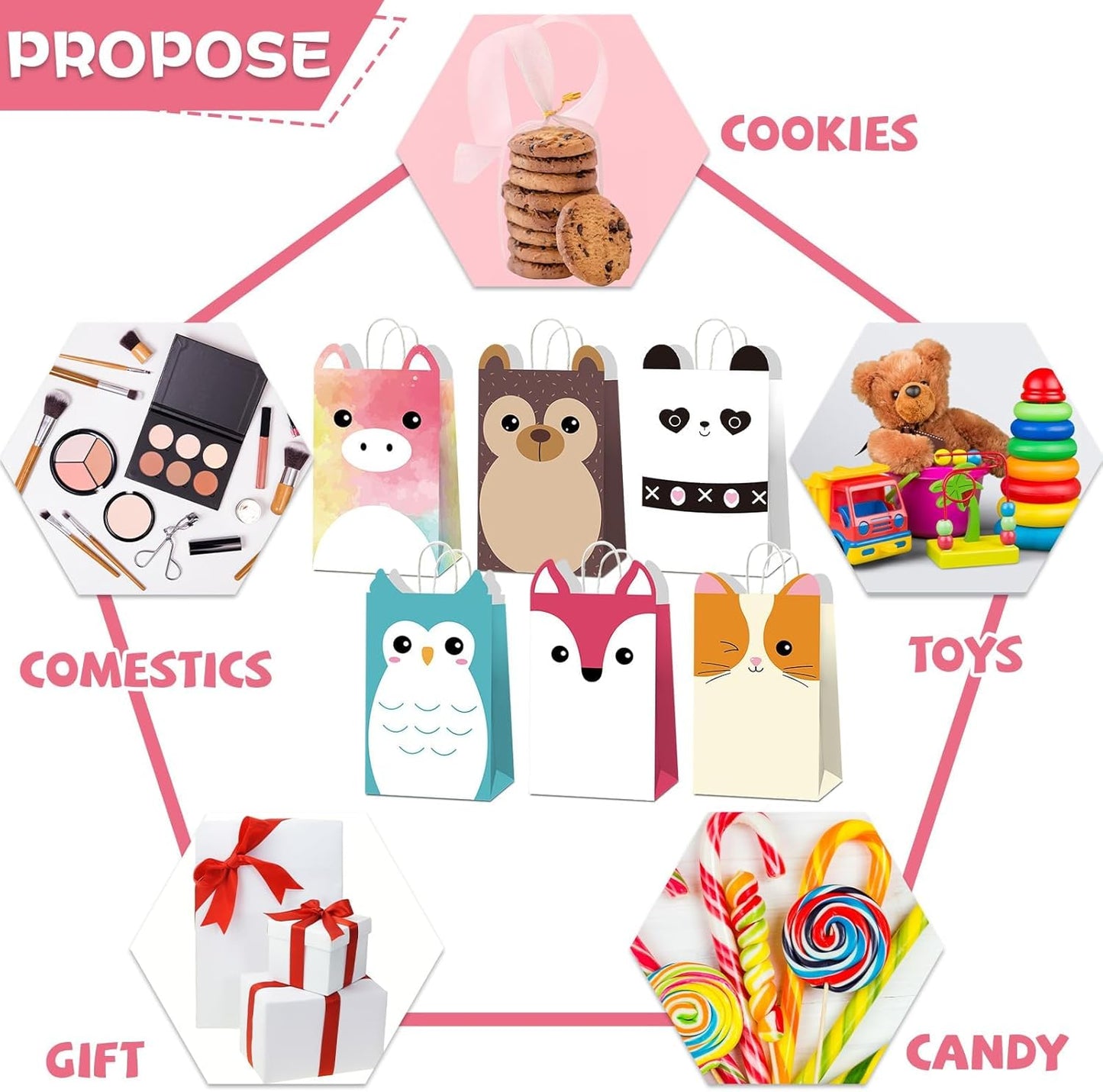 12 PCS Cute Animals Theme Party Favor Bags with Handles Squish Kawaii Animal Birthday Gift Bags Goodie Paper Bag Squish Animals Party Favors for Kids Birthday Parties Supplies Baby Shower Decorations