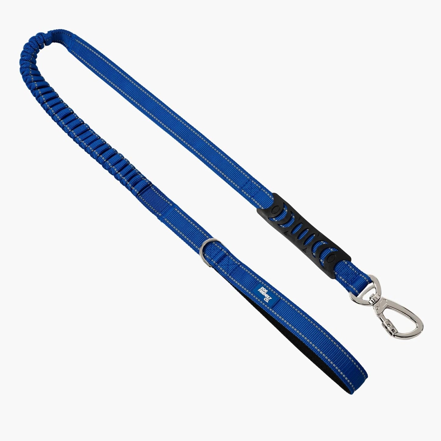 DF Co. Bungee Dog Leash | Strain Free & Shock Resistant for Control | Neoprene Padded Handle, Heavy-Duty Carabiner Clip, and D-Ring | Classic Blue, Size Regular
