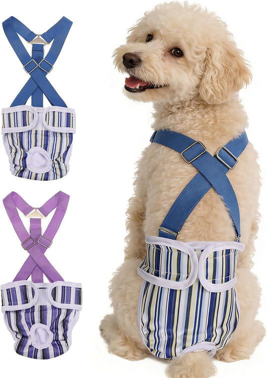 Washable Female Dog Diapers with Suspender, Reusable Dog Diapers Absorbent Leakproof(Purple/Striped Blue XS, 2Pcs), Intended for Small/Medium/Large Female in Heat
