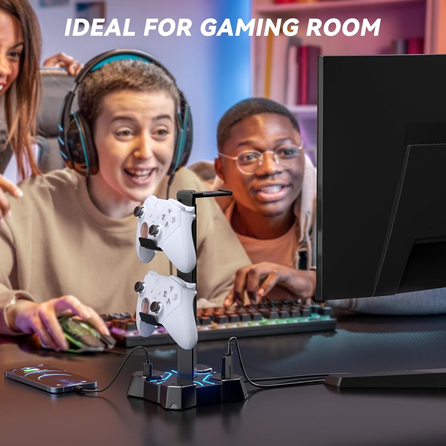 KDD Headphone Stand with USB Charger, Controller Stand for Desk, Headphone Holder with 2 USB Charging Ports and 3 AC Outlets, Accessories for Desktop(Black)