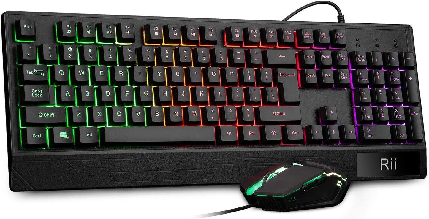Rii Gaming Keyboard and Mouse Combo,USB Wired,104 Keys RGB LED Backlit Keyboard with Wrist Rest for PC/Laptop (Black)