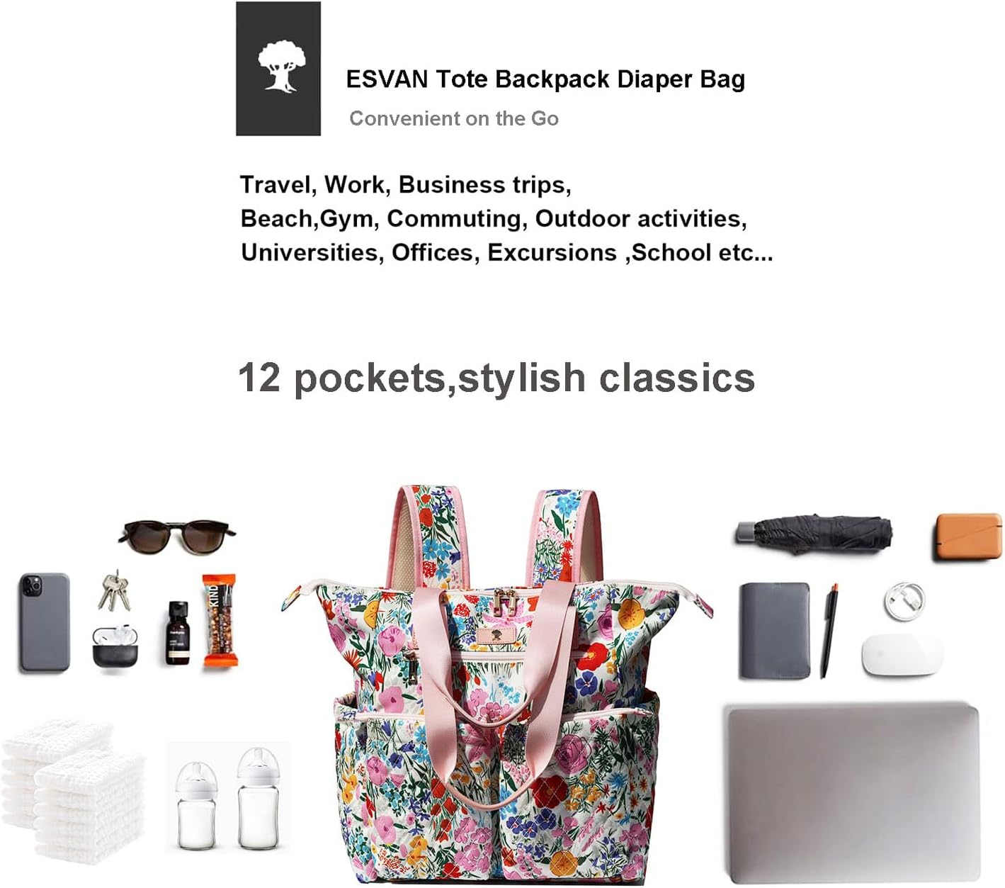ESVAN Diaper Tote Bag Totepack Backpack 2 in 1 for Women Multifunctional Large Capacity with Insulated Pockets Travel | Multifunctional, Travel