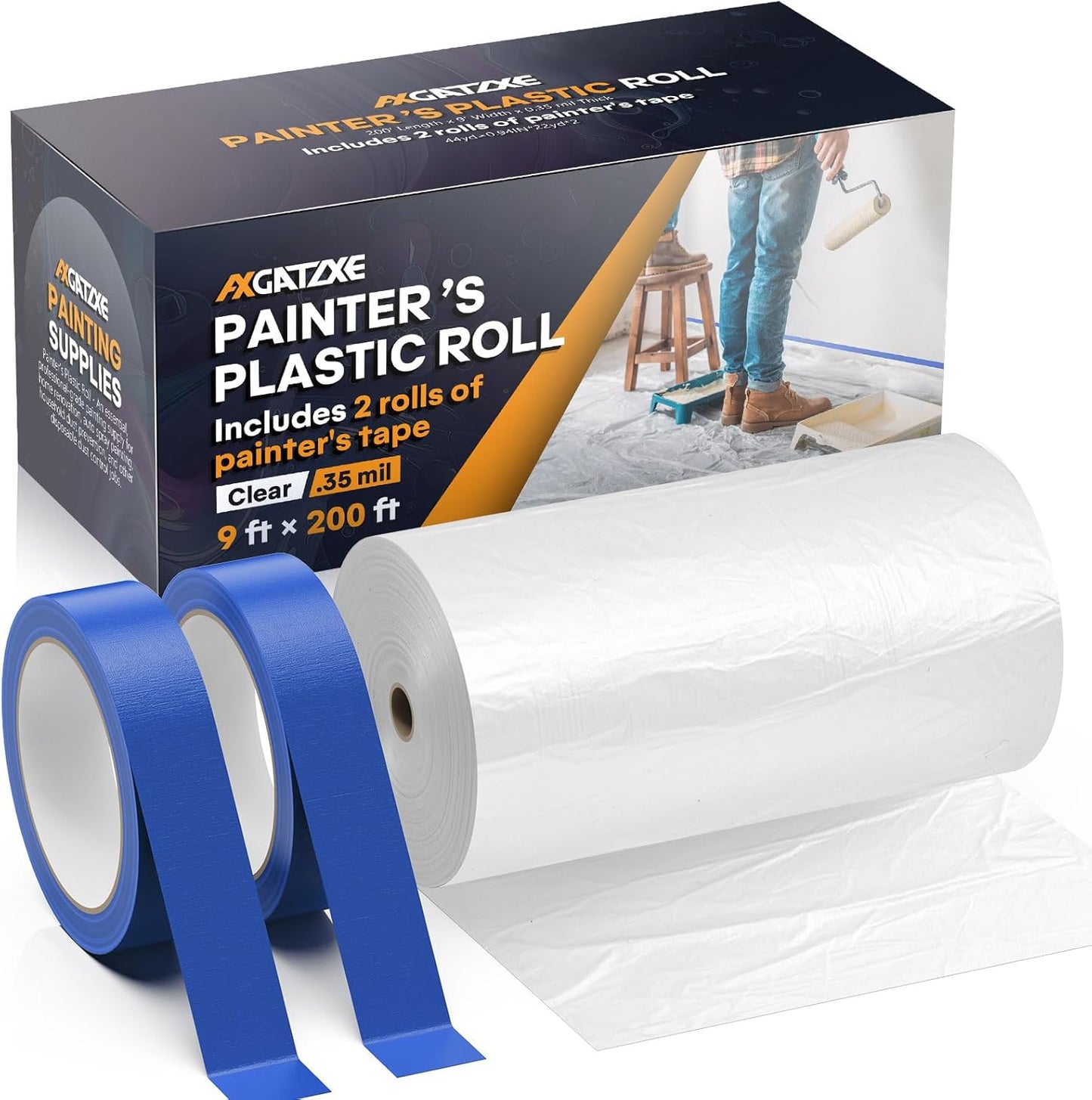 Plastic Drop Cloths, 200' Length x 9' Width Painter's Plastic Film with 2 Rolls Painter's Tape - Disposable Painter's Sheeting & Tarps for Painting Supplies, Furniture/Couch/Floor Protection