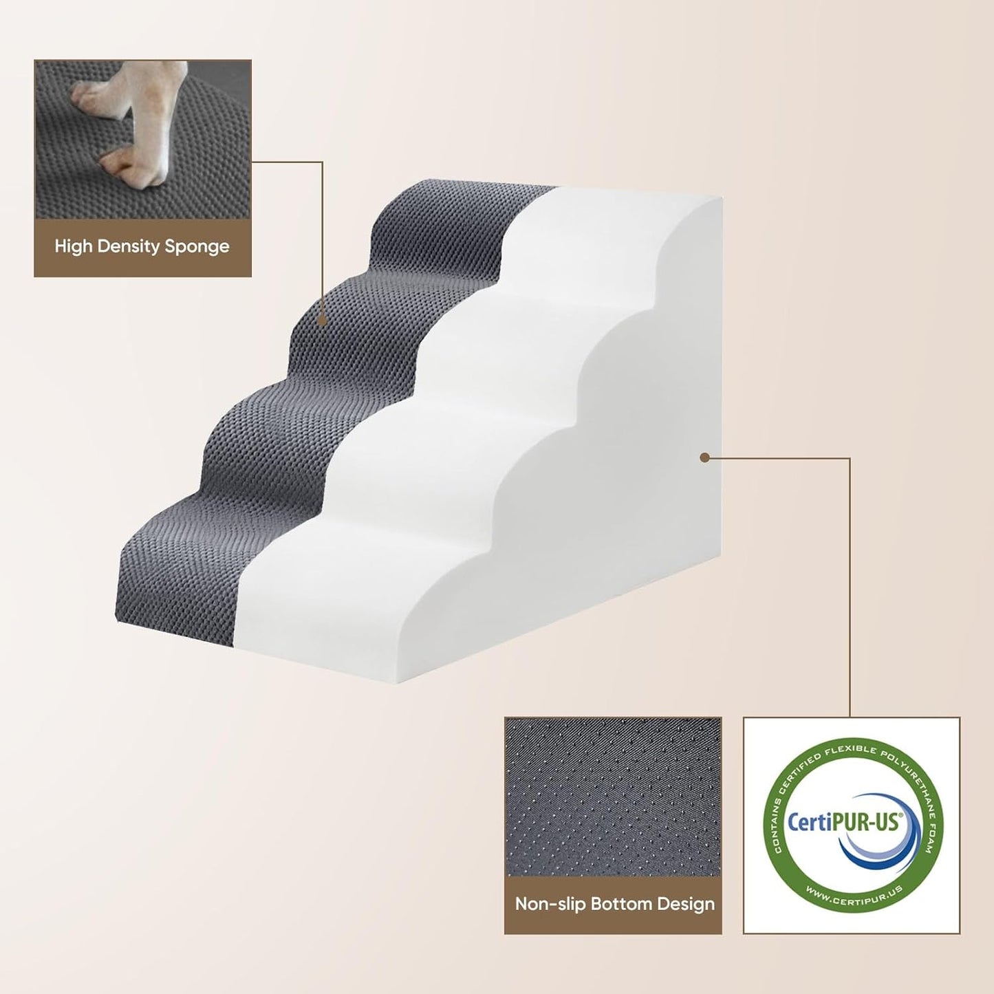 PAWSCART Pet Stairs for Dogs 4-Step, 19.6" H Pet Stairs for High Bed, Couch Sofa & Chair, 30D Material Soft Foam Dog Steps with Non-Slip Bottom Surface Removable Washable Cover, Grey