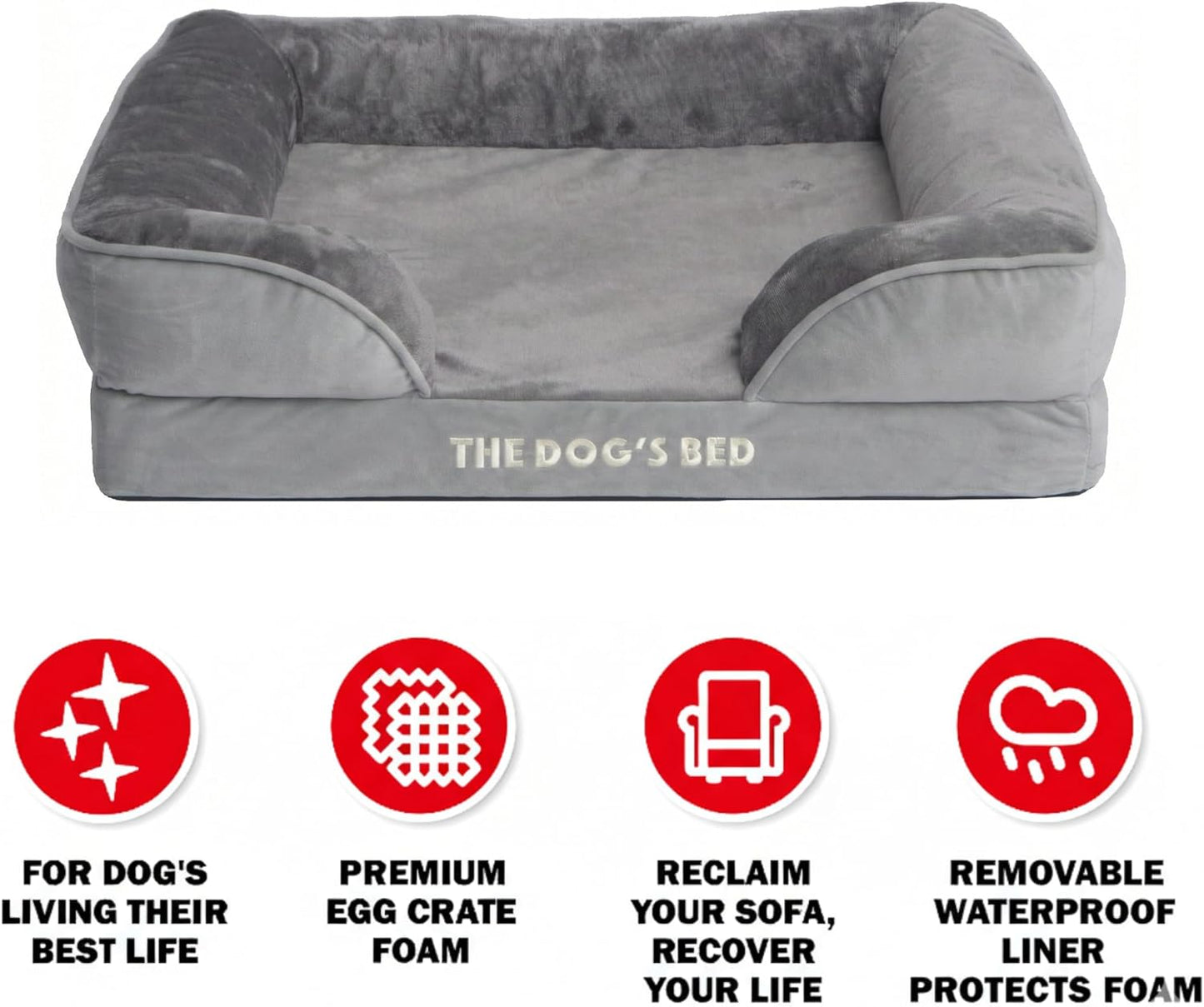 The Dog’s Bed Standard Support Dog Bed with Bolsters, Egg Crate Foam Mattress, Removable Waterproof Liner, Washable Cover with Sewn-in Bolsters, Non-Slip Base – XXL, Silver Grey Plush