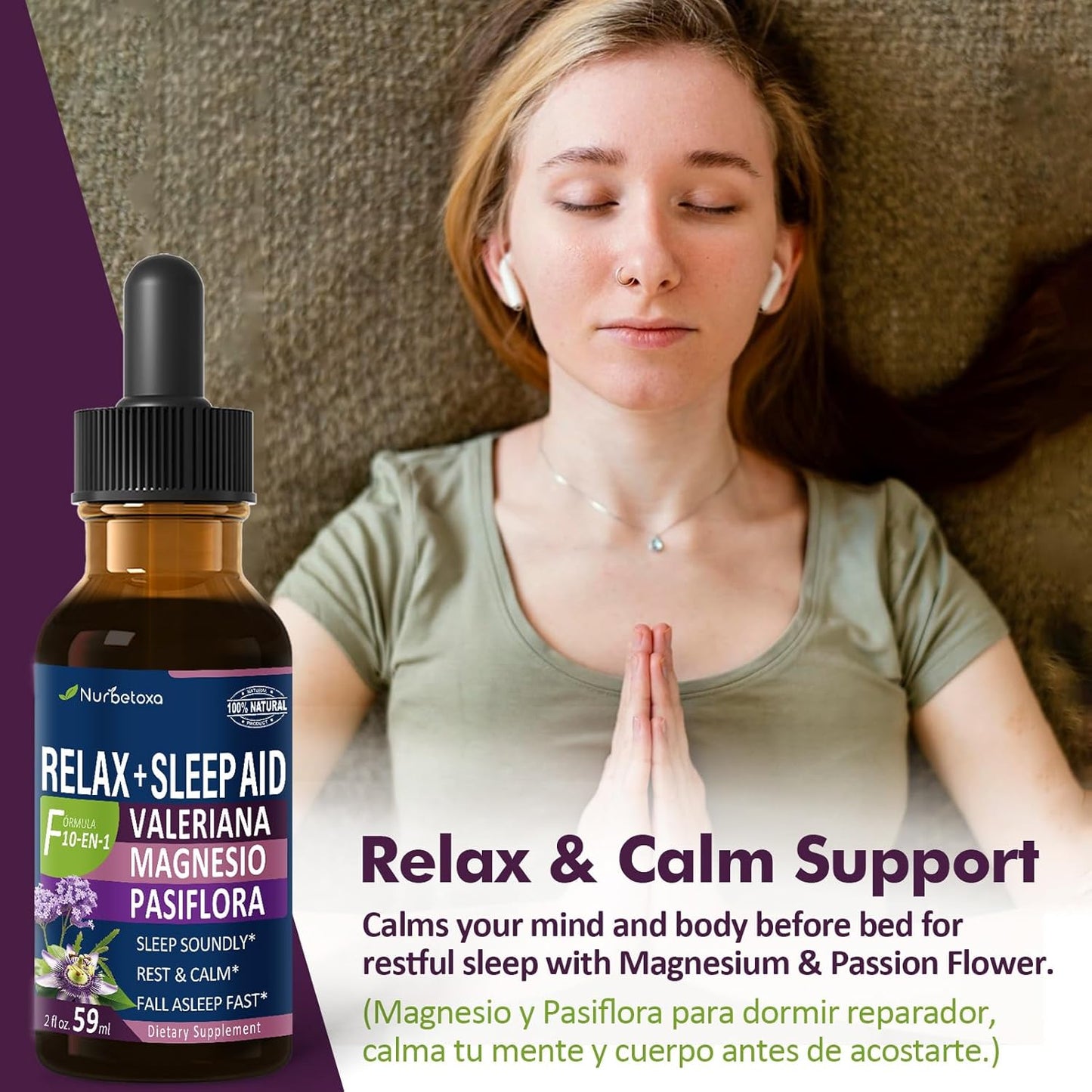 Valerian Root Sleep Aid Drops, Gotas de Glicinato y Citrato de Magnesio, Pasiflora y Valeriana para Dormir Profundamente adulto, Magnesium Citrate & Passionflower Extract Liquid Tincture.2oz