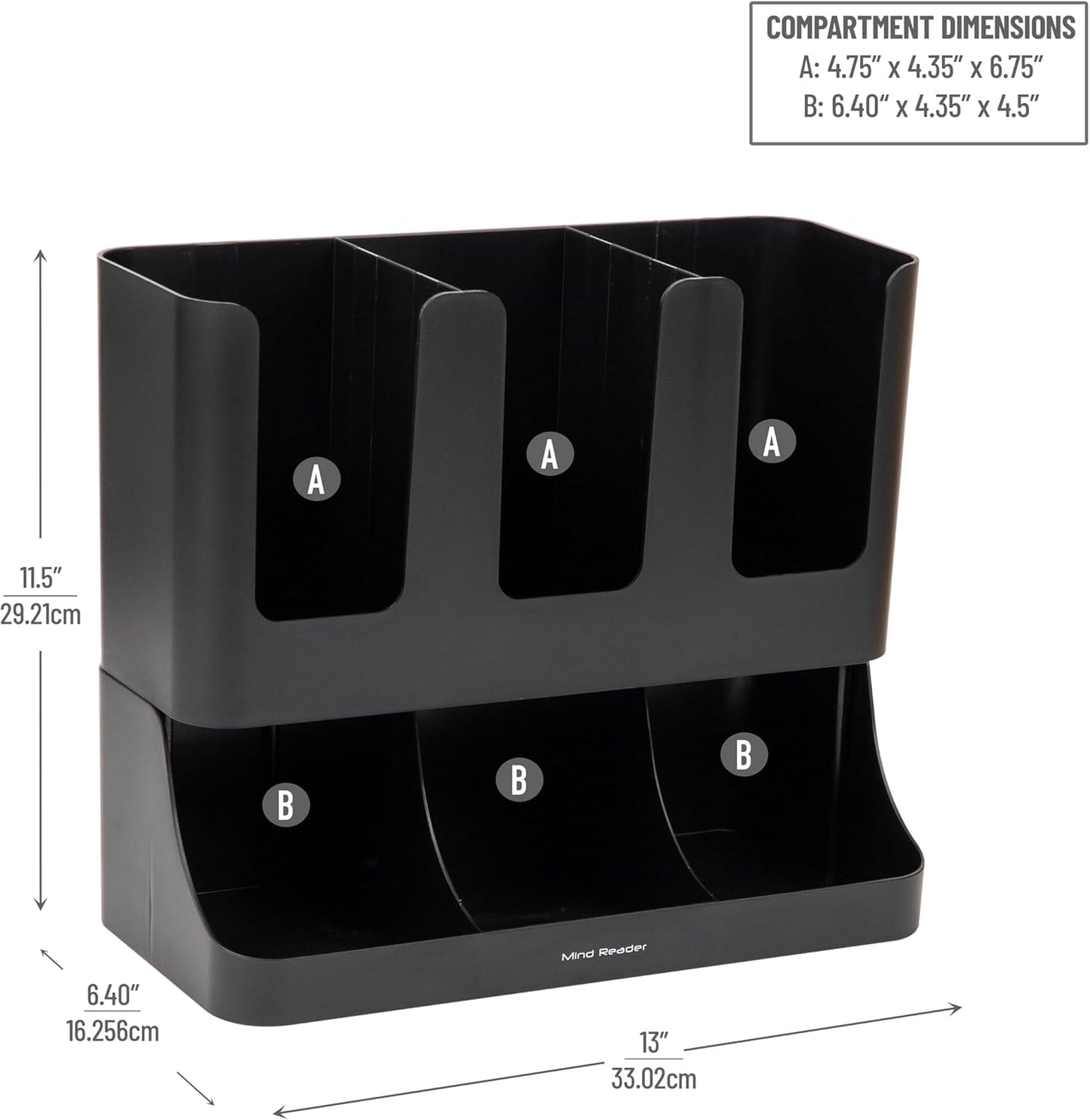 Mind Reader Cup and Condiment Station, Countertop Coffee Bar Organizer with 6 Compartments, Storage Caddy for Cups Lids and Packets, Plastic, Black