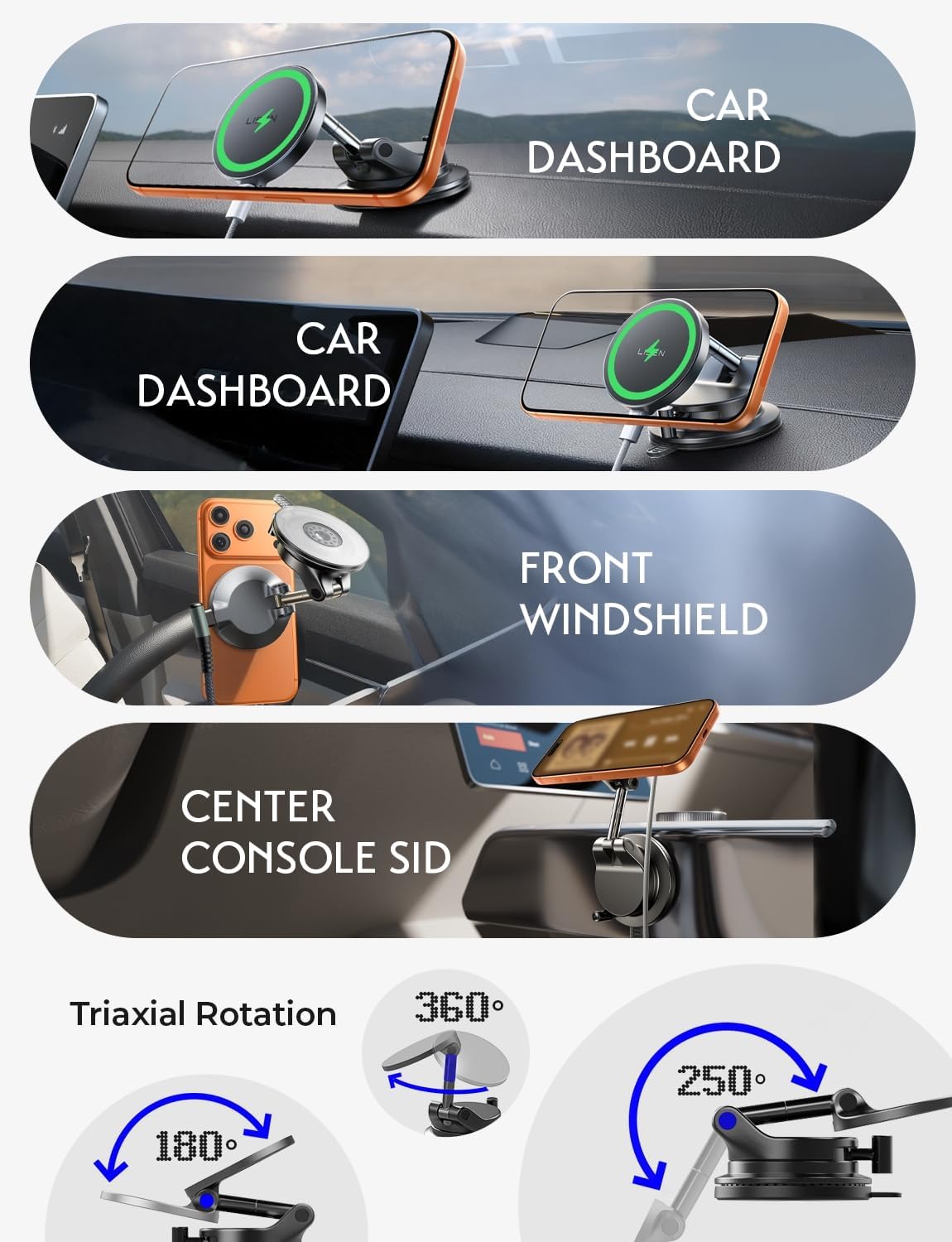 LISEN 15W Magsafe Car Mount Charger, Suction Cup Phone Mount, Magnetic Wireless Car Charger, Vacuum Magnetic Phone Holder Car Mount for iPhone 17 Pro Max 16 15 14 13 12, Samsung S26/S25, Pixel 10 Pro