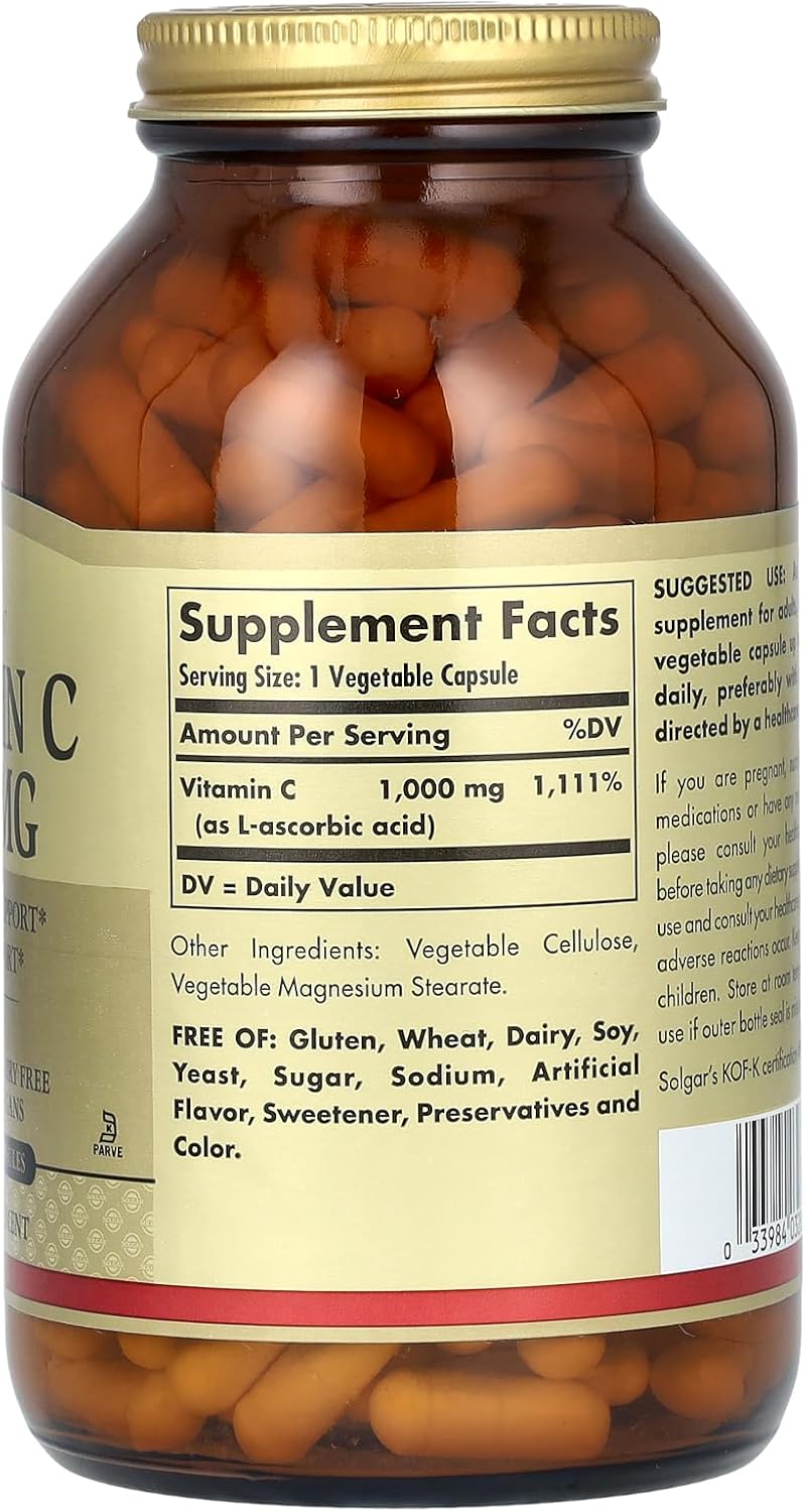 Solgar Vitamin C 1000 mg, 250 Vegetable Capsules - Antioxidant & Immune Support - Overall Health - Healthy Skin & Joints - Bioflavonoids Supplement - Non GMO, Vegan, Gluten No, Kosher - 250 Servings