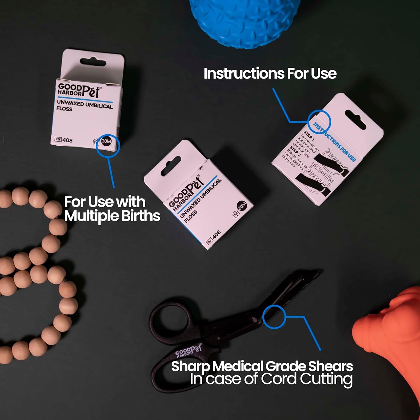 Good|Harbor Pet Un-Waxed Umbilical Whelping Floss & Animal Cord Cutting Kit | for Dog, Cat, and Animal Births | Pack of 4