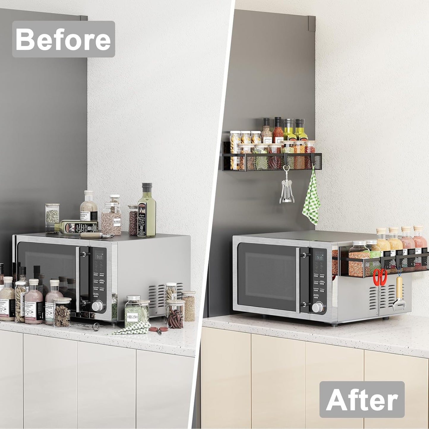 Magnetic Spice Rack for Refrigerator, 2 Pack Magnetic Shelf, Fridge Magnet Organizer with Moveable 4 Hooks, Magnetic Fridge Shelf for Kitchen Organization and Storage (2 Pack)