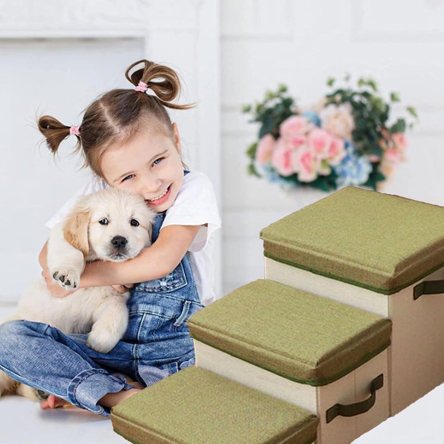 Dog Stairs with Storage Folding Dog Ramp to Bed or Couch, 3-Step Dog Bed Steps Up to 120 lbs