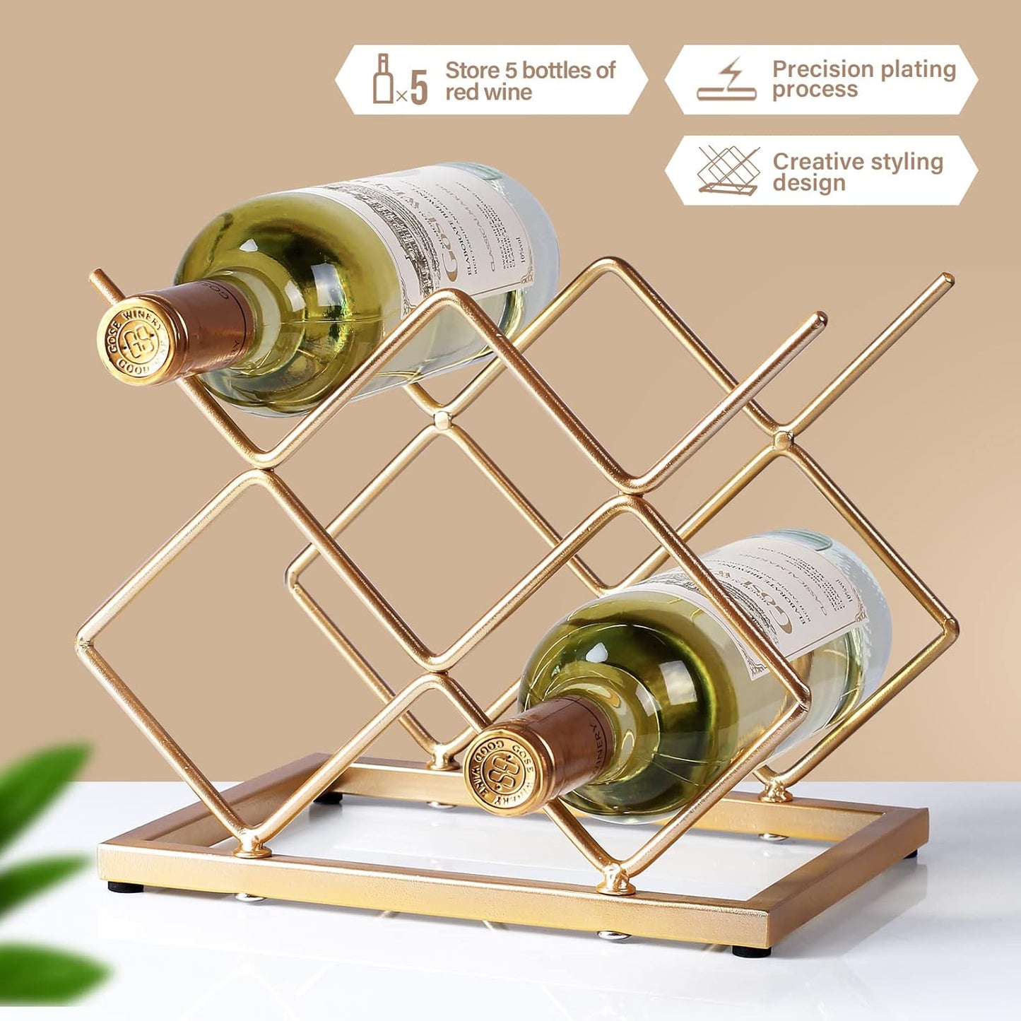 Countertop Wine Rack - 5 Bottle Freestanding Modern Gold Metal Small Wine Rack - Tabletop Wine Holder Stand for Cabinet, Pantry, Wine Bottle Storage…