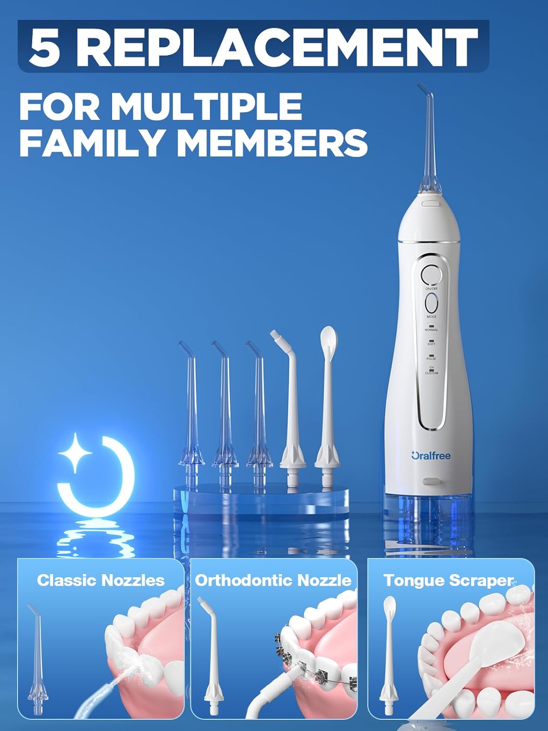 Oralfree Water Dental Flosser Cordless for Teeth Cleaning - 4 Modes Oral Irrigator 300ML Braces Flossers Cleaner, Rechargeable Portable IPX7 Waterproof Powerful Battery for Travel Home