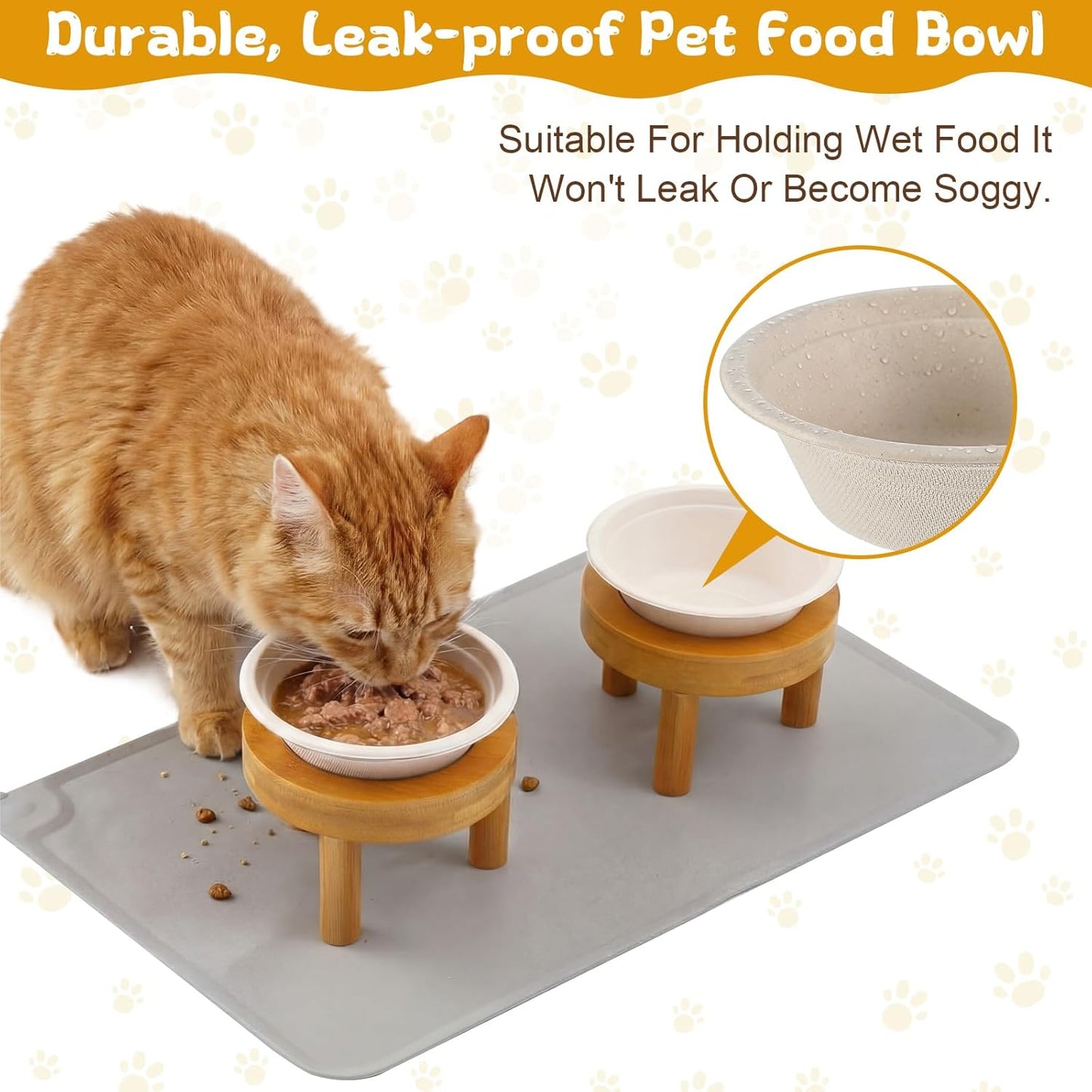 LemonRoad 53 Pcs 1.5 Cup Compostable Elevated Pet Feeding Bowls with Food Mat and Reusable Elevated Wood Stand for Wet and Dry Food Travel Outdoor Pet Care
