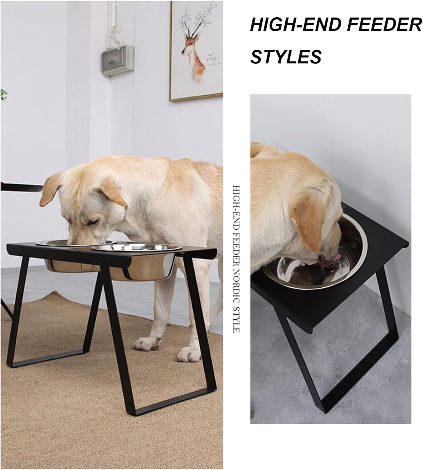 Raised Dog Bowls, Elevated Dog Bowls with 2 Stainless Steel Food & Water Bowls, Dog Food Bowl Stand with a Folding Shelf for Large Dogs,Yellow