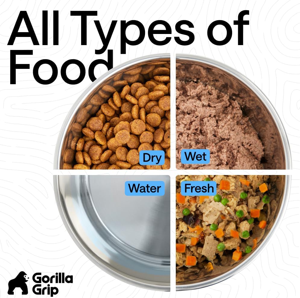 GORILLA GRIP Dog Bowls, Food Grade 304 Stainless Steel, Holds 2 Cups Each (16 fl oz) Food and Water Bowl for Feeding Dogs and Cats, Dishwasher Safe, Rust Resistant, BPA Free Rubber Base Set of 2 Red