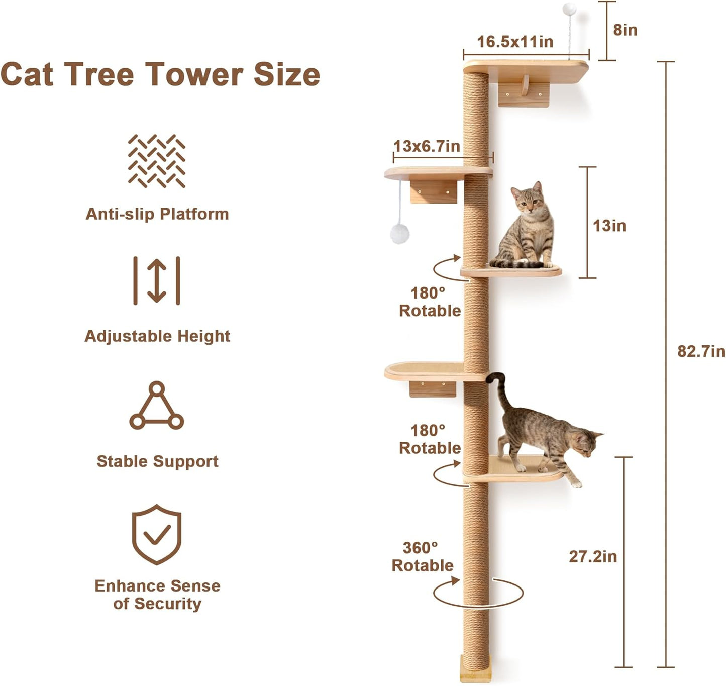 Wild Simulation Cat Tree for Kittens, 5-Level Floor to Ceiling Cat Wall Shelves with Sisal Mat Platforms, Suit for Kitten cat