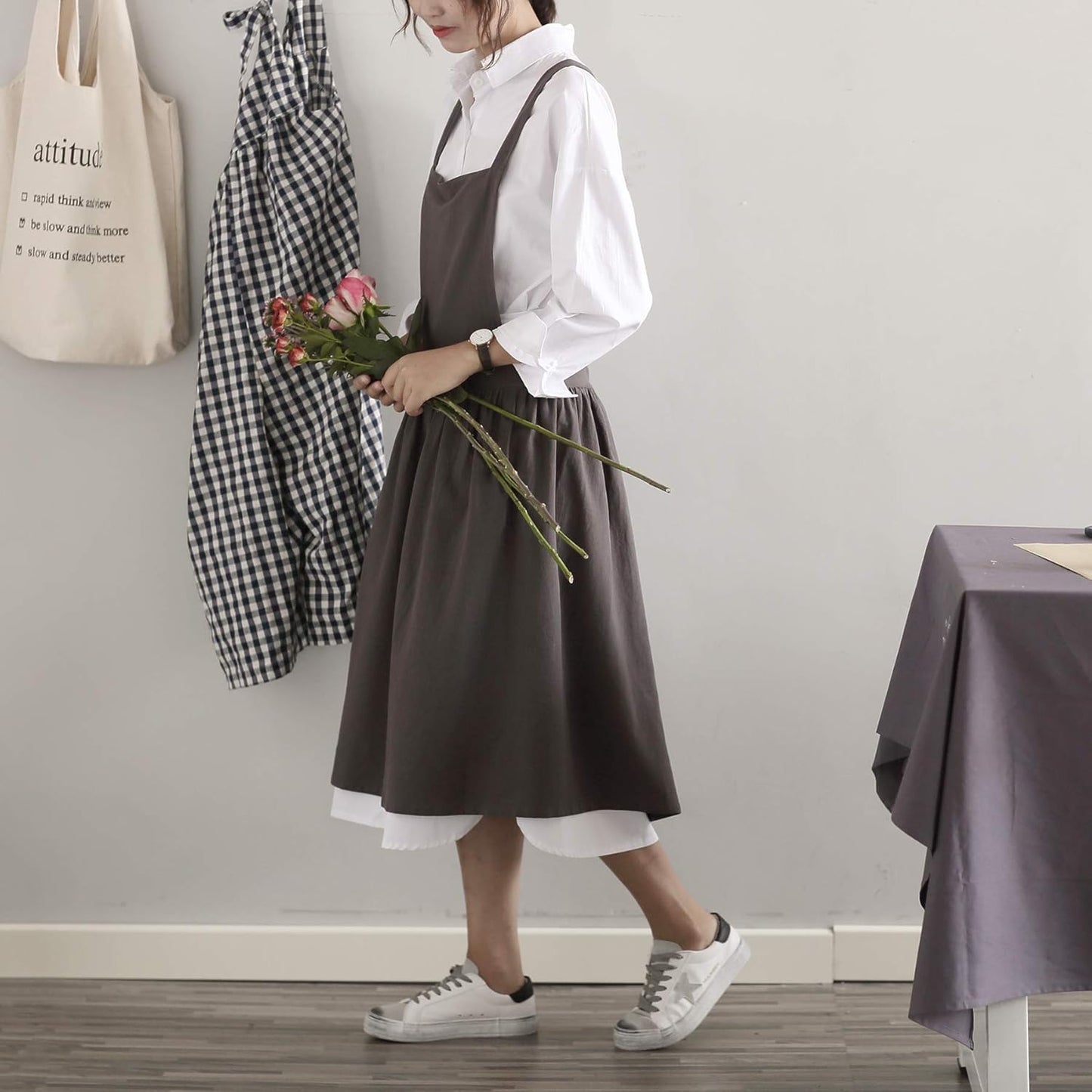 Women Girls Vintage Apron Gardening Works Cross Back Pinafore Dress