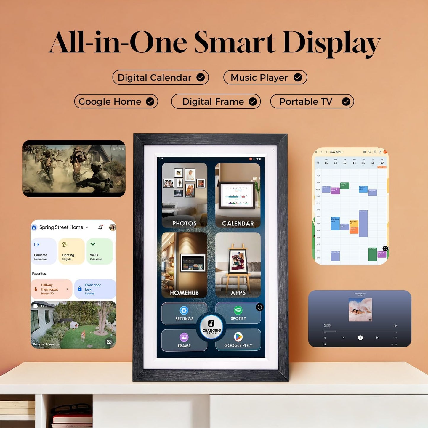 15.6" Digital Google Calendar+Pen,No Subscription|All-in-one Smart Display:Photo Frame,Google Play Apps,Voice Assistant,Home Hub,Streaming|Built-in Battery|Wall&Desk|Anti-Glare Touchscreen|Walnut Wood